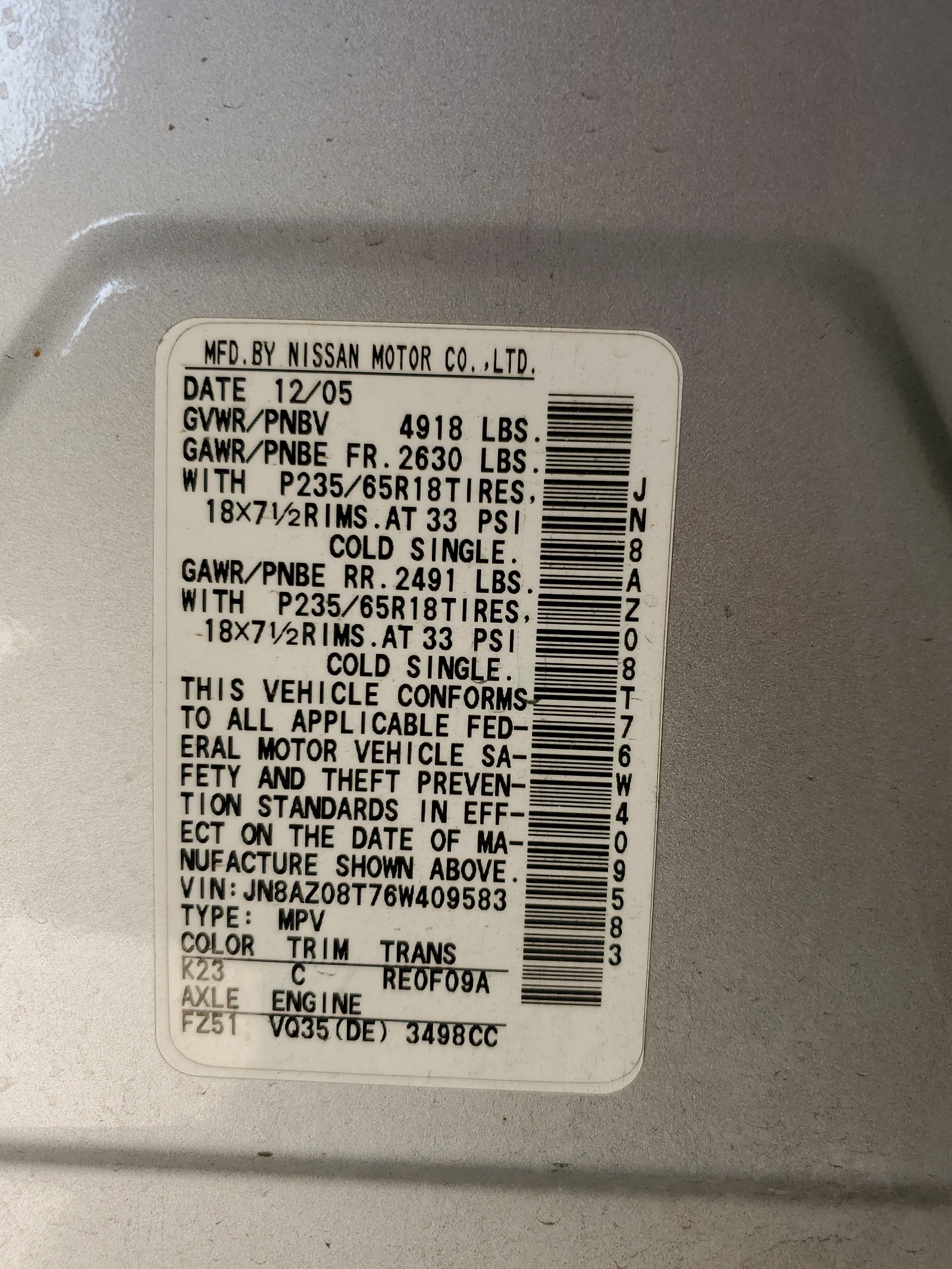 JN8AZ08T76W409583 2006 Nissan Murano Sl