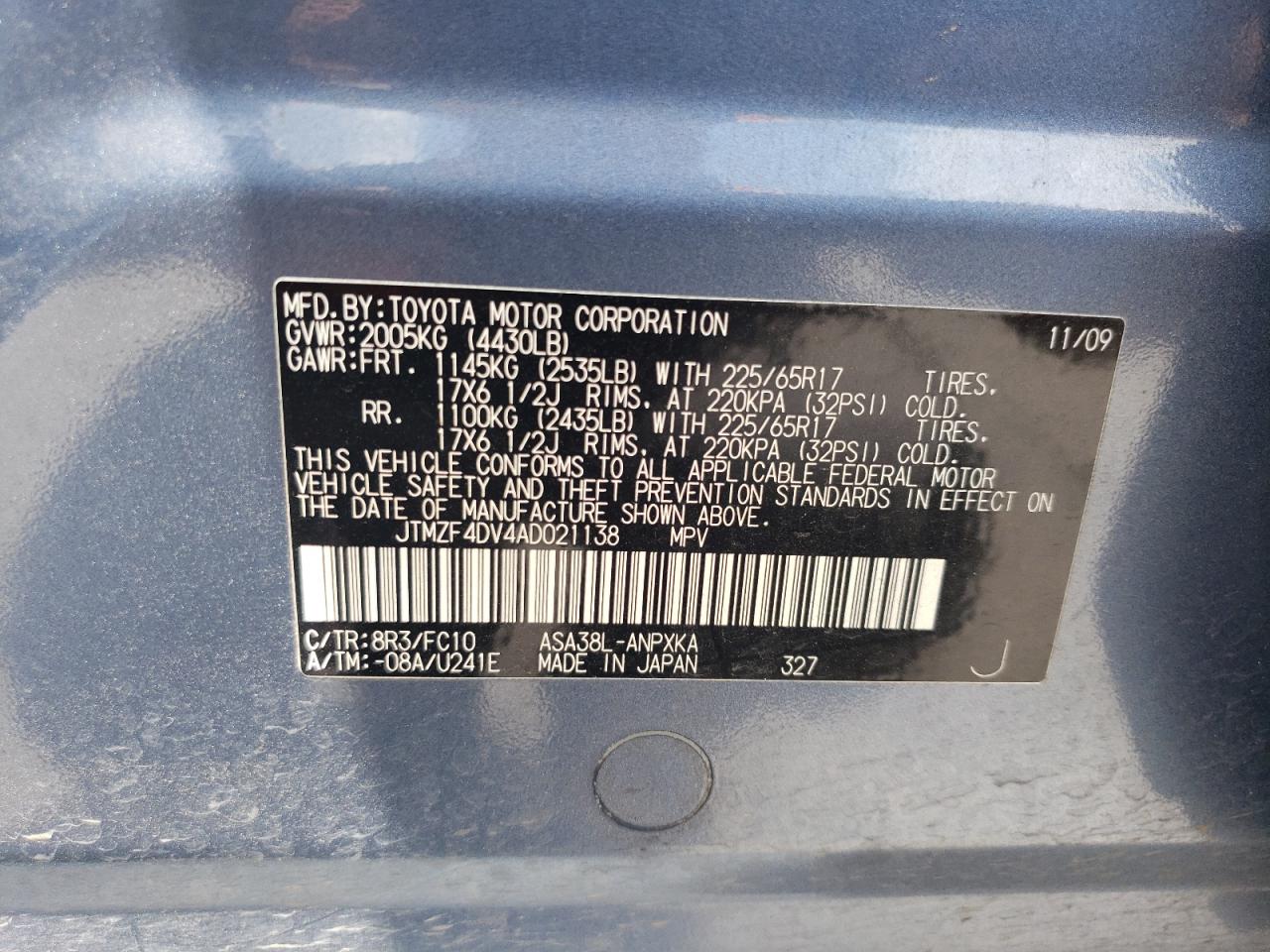 2010 Toyota Rav4 VIN: JTMZF4DV4AD021138 Lot: 69773654