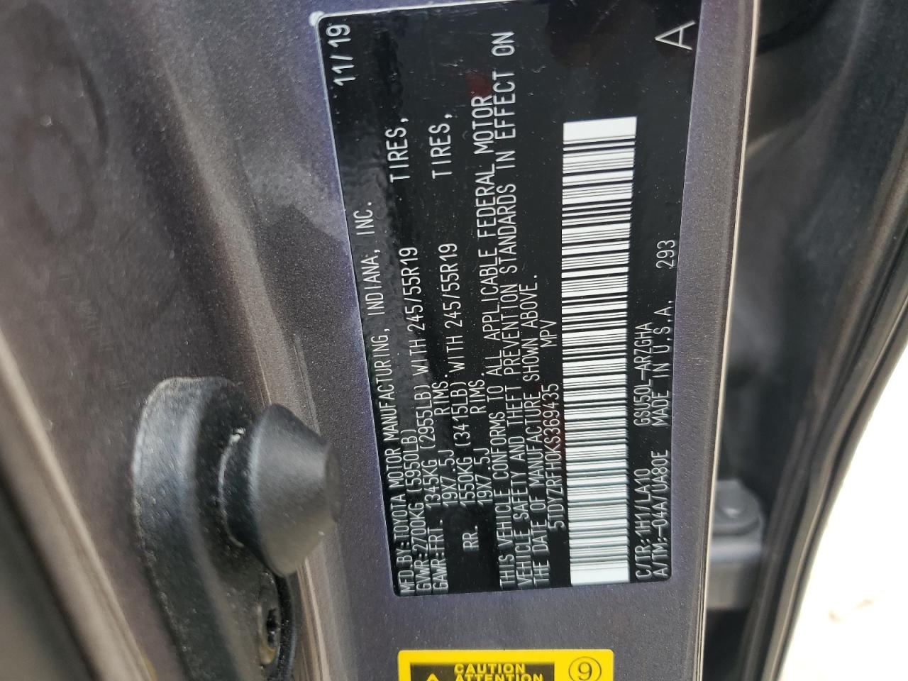 2019 Toyota Highlander Limited VIN: 5TDYZRFH0KS369435 Lot: 67945674