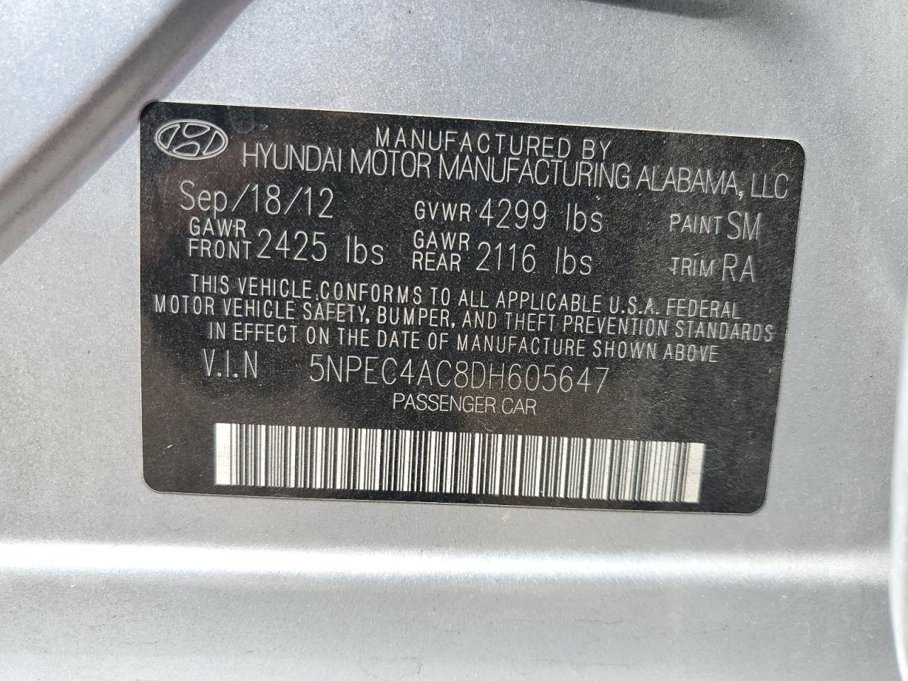 2013 Hyundai Sonata Se VIN: 5NPEC4AC8DH605647 Lot: 67199954