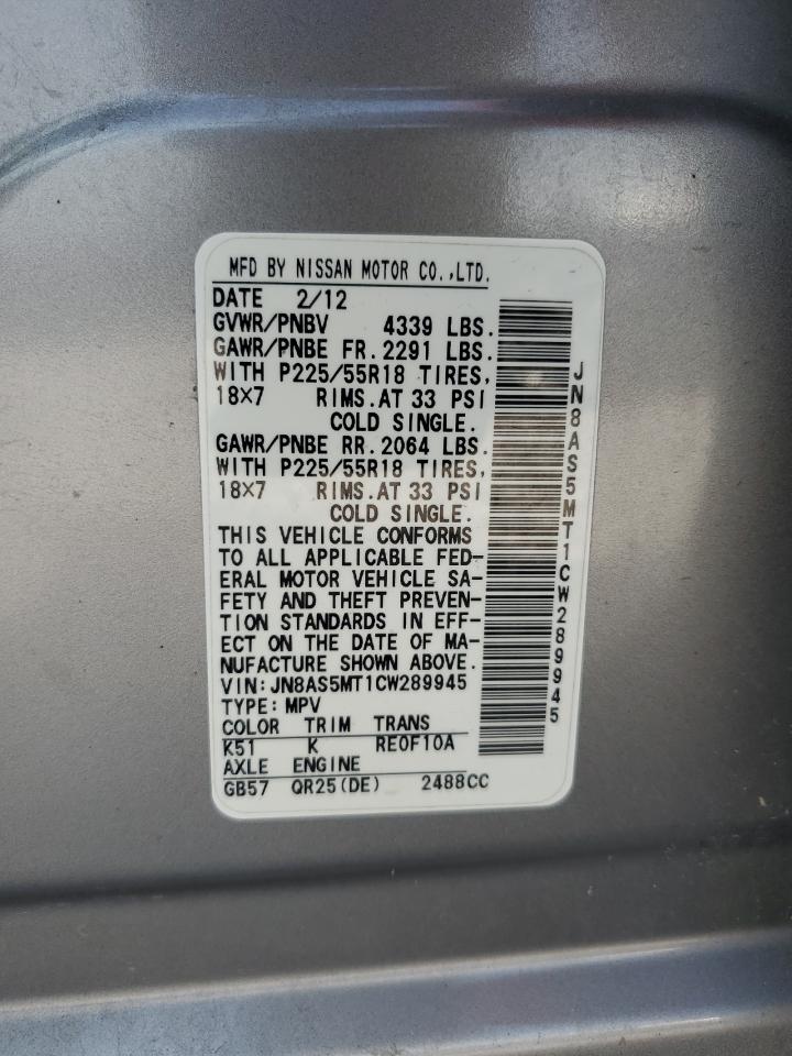 2012 Nissan Rogue S VIN: JN8AS5MT1CW289945 Lot: 65190914