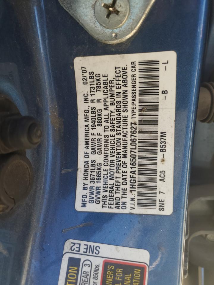 2007 Honda Civic Lx VIN: 1HGFA16507L067627 Lot: 67493324