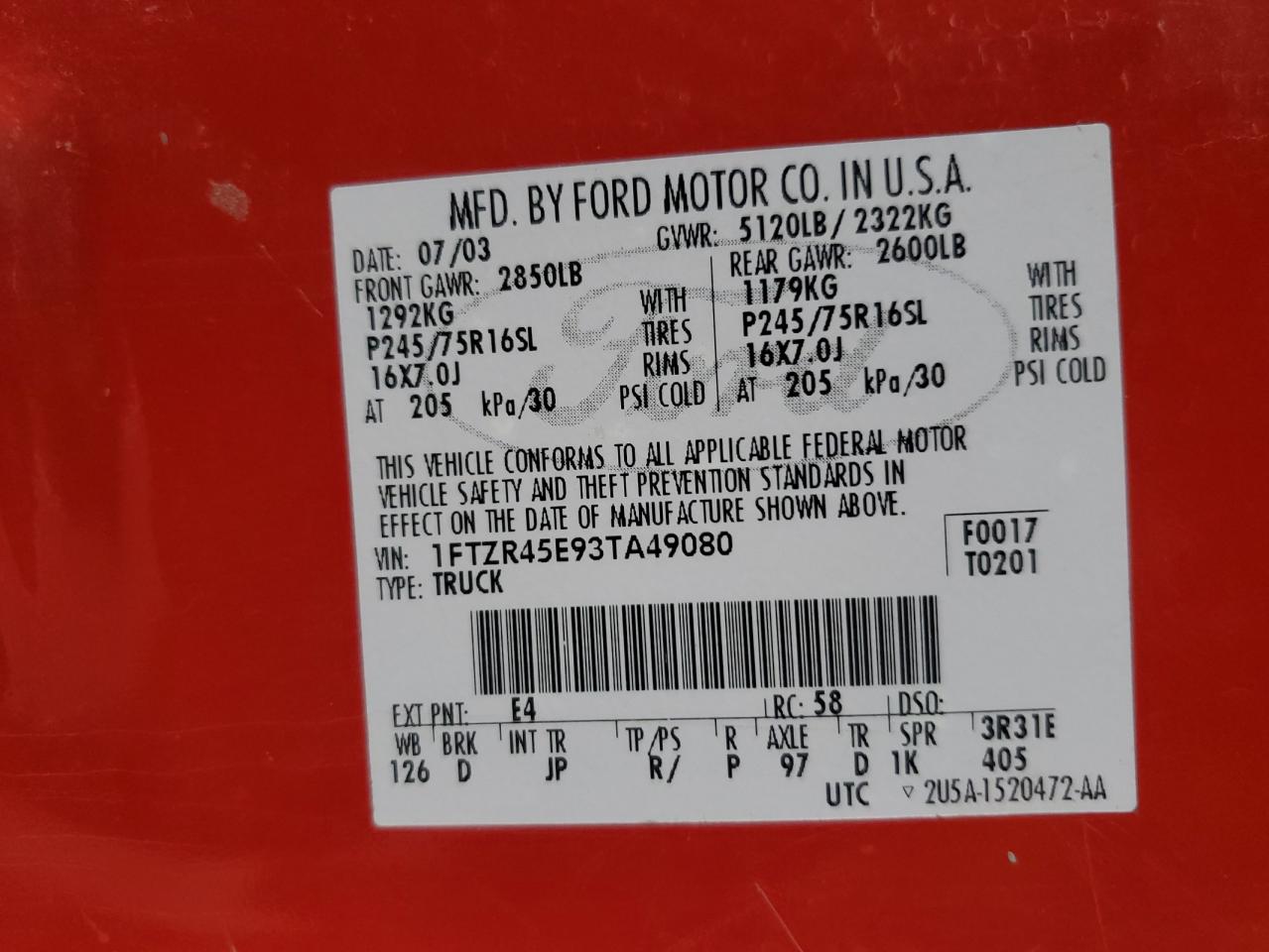 2003 Ford Ranger Super Cab VIN: 1FTZR45E93TA49080 Lot: 65777234
