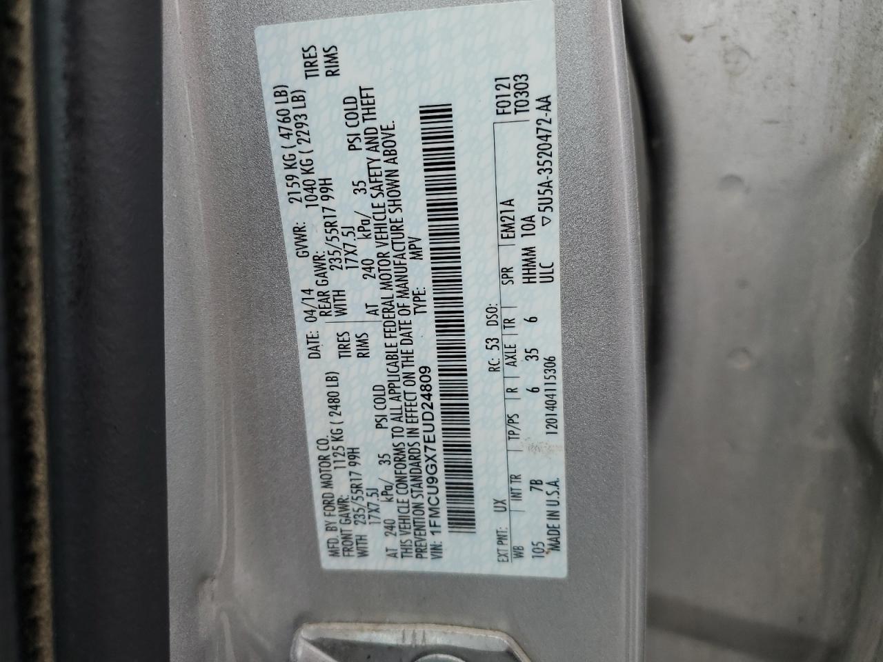 2014 Ford Escape Se VIN: 1FMCU9GX7EUD24809 Lot: 66125874