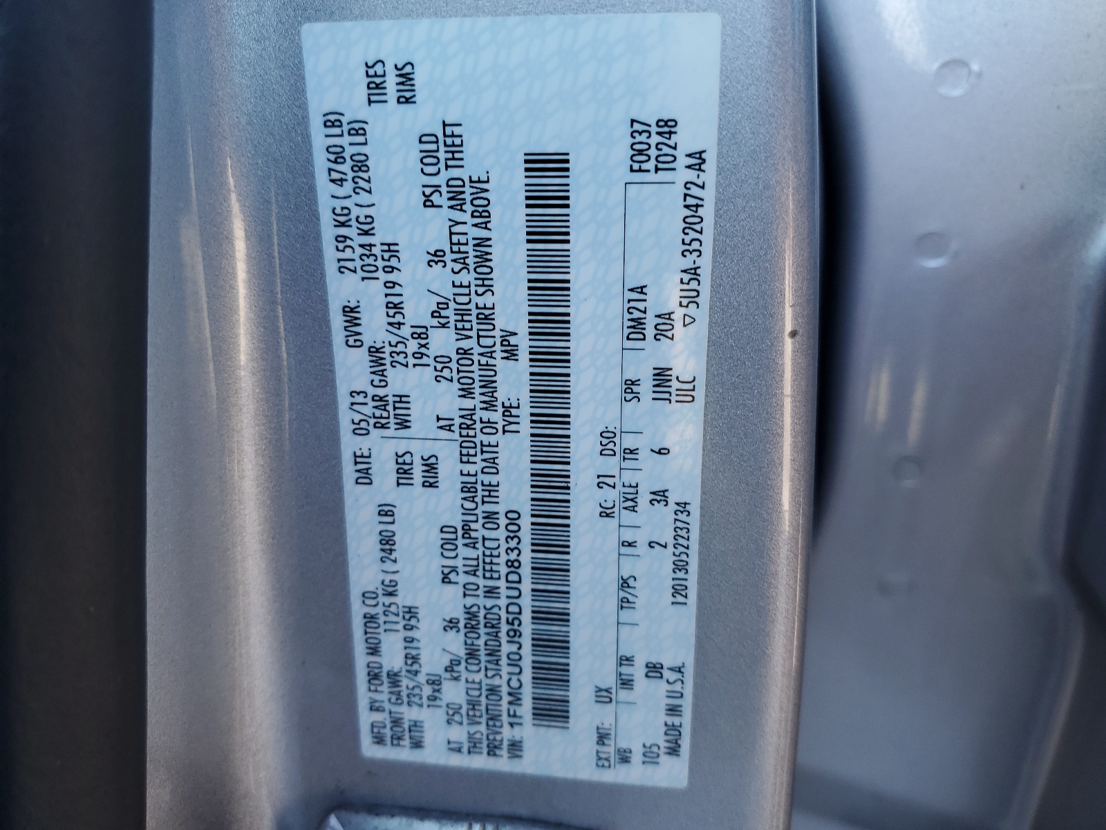 1FMCU0J95DUD83300 2013 Ford Escape Titanium