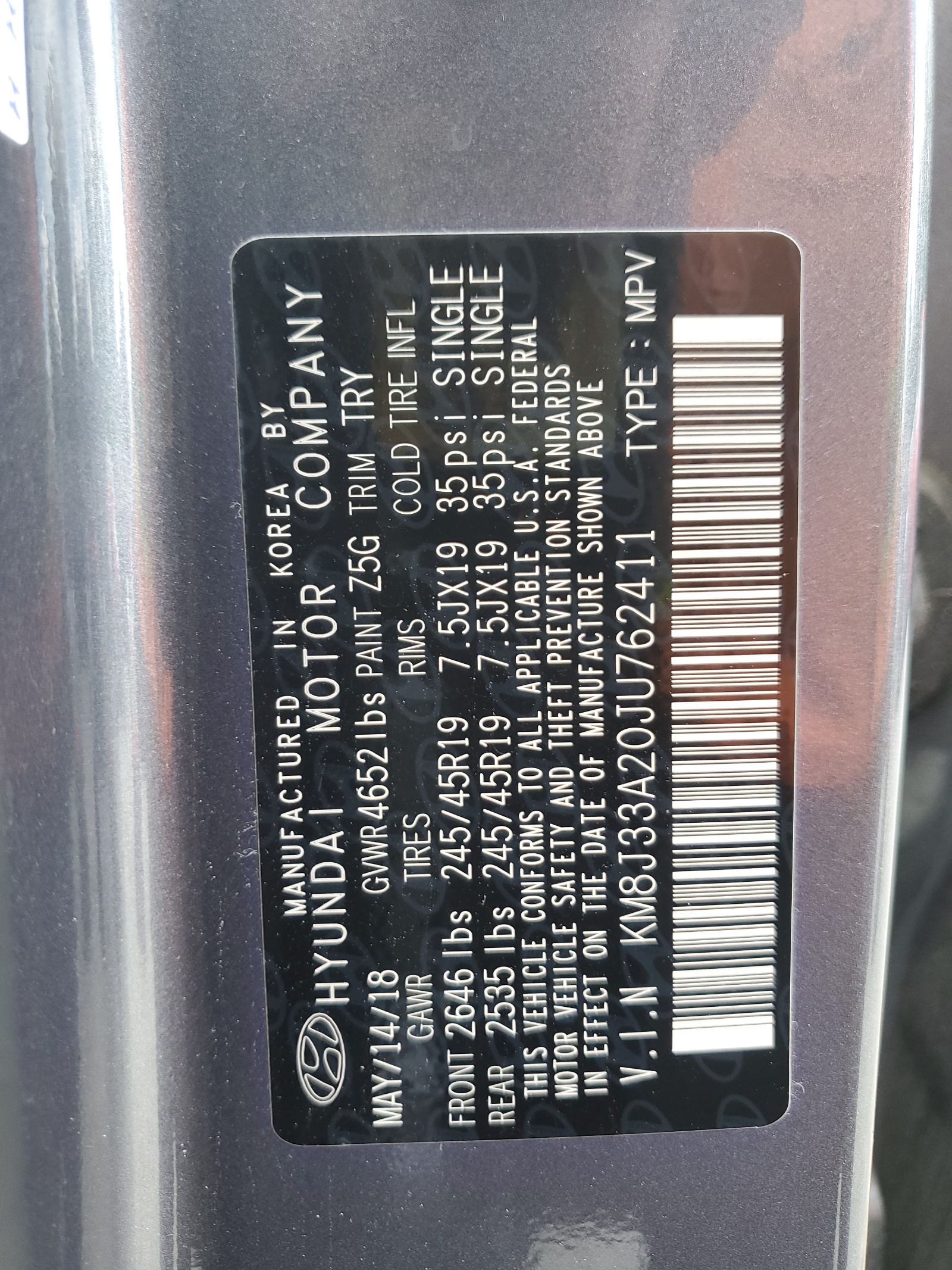 KM8J33A20JU762411 2018 Hyundai Tucson Value