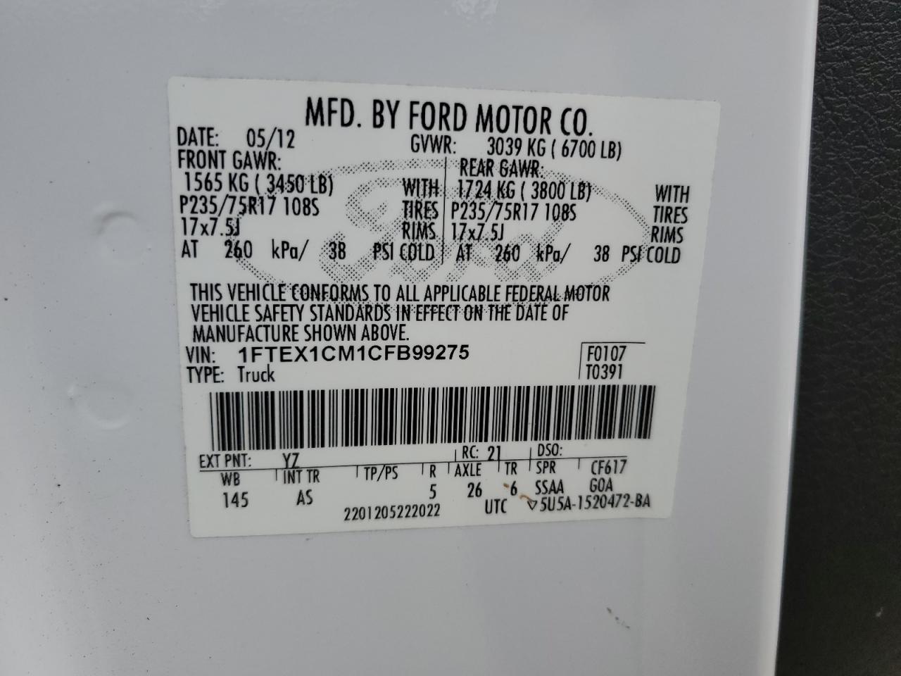 2012 Ford F150 Super Cab VIN: 1FTEX1CM1CFB99275 Lot: 67658054