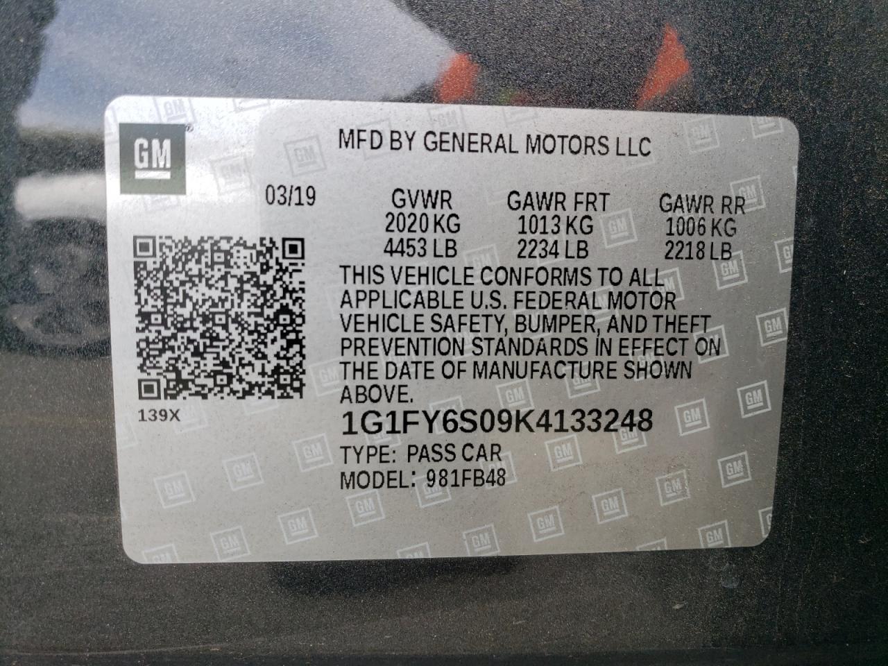 2019 Chevrolet Bolt Ev Lt VIN: 1G1FY6S09K4133248 Lot: 68359014