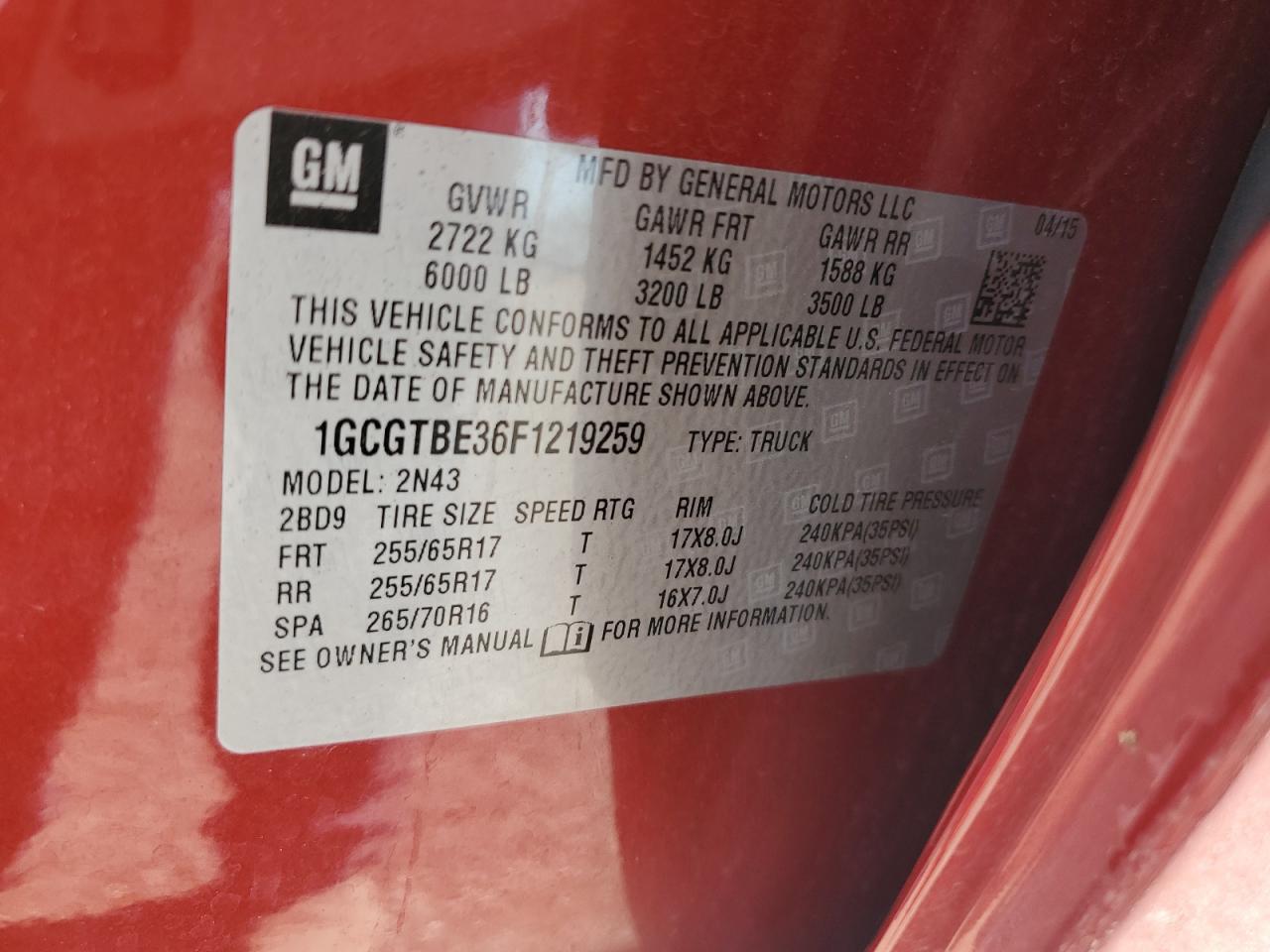 1GCGTBE36F1219259 2015 Chevrolet Colorado Lt