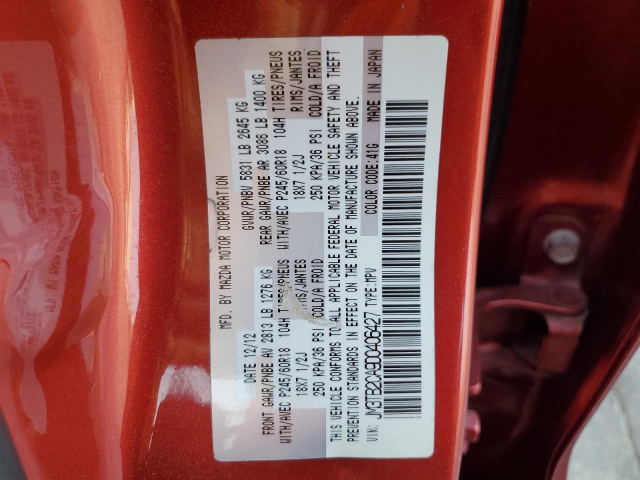 2013 Mazda Cx-9 Touring VIN: JM3TB2CA9D0406427 Lot: 65789734