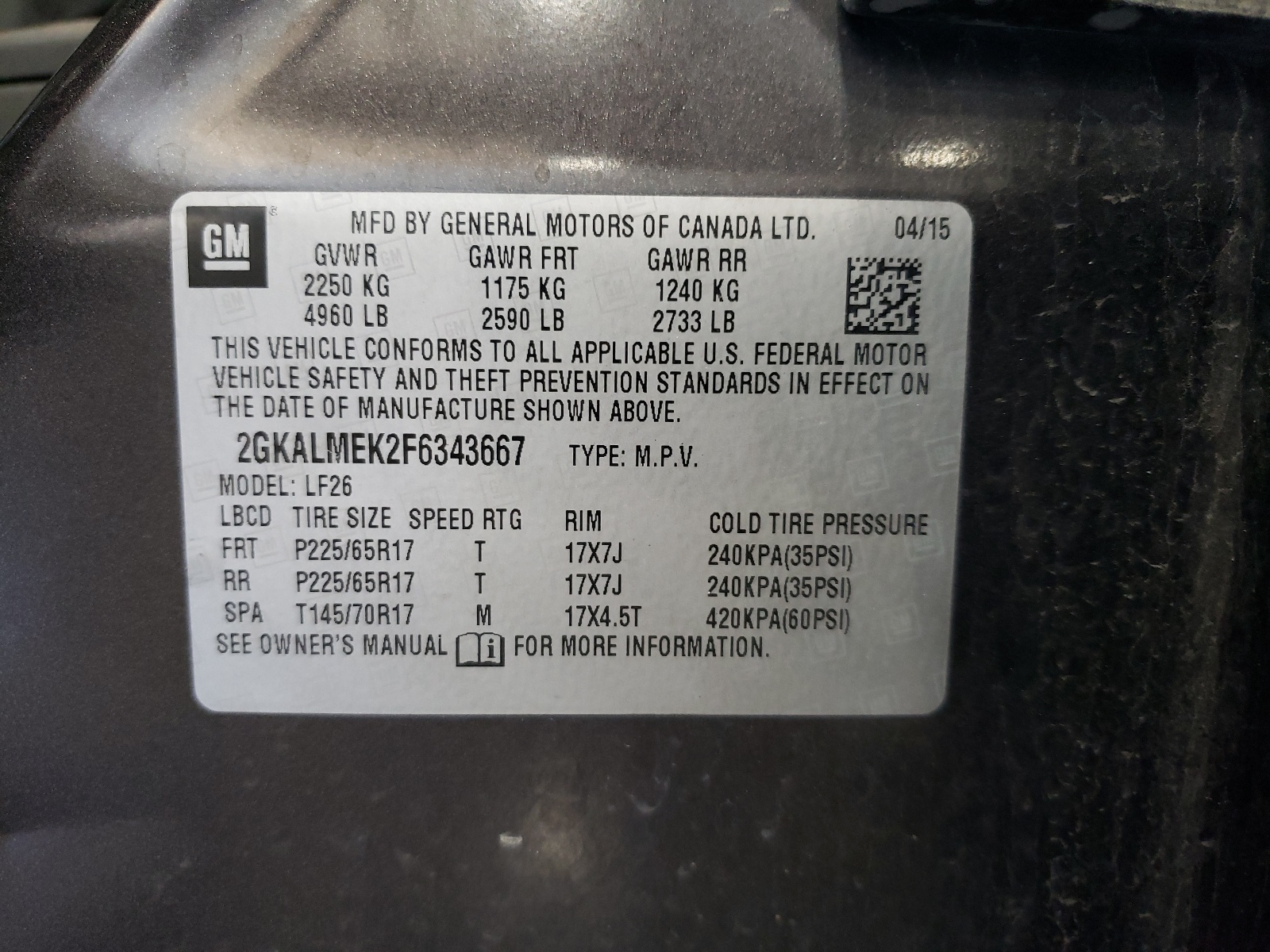 2GKALMEK2F6343667 2015 GMC Terrain Sle