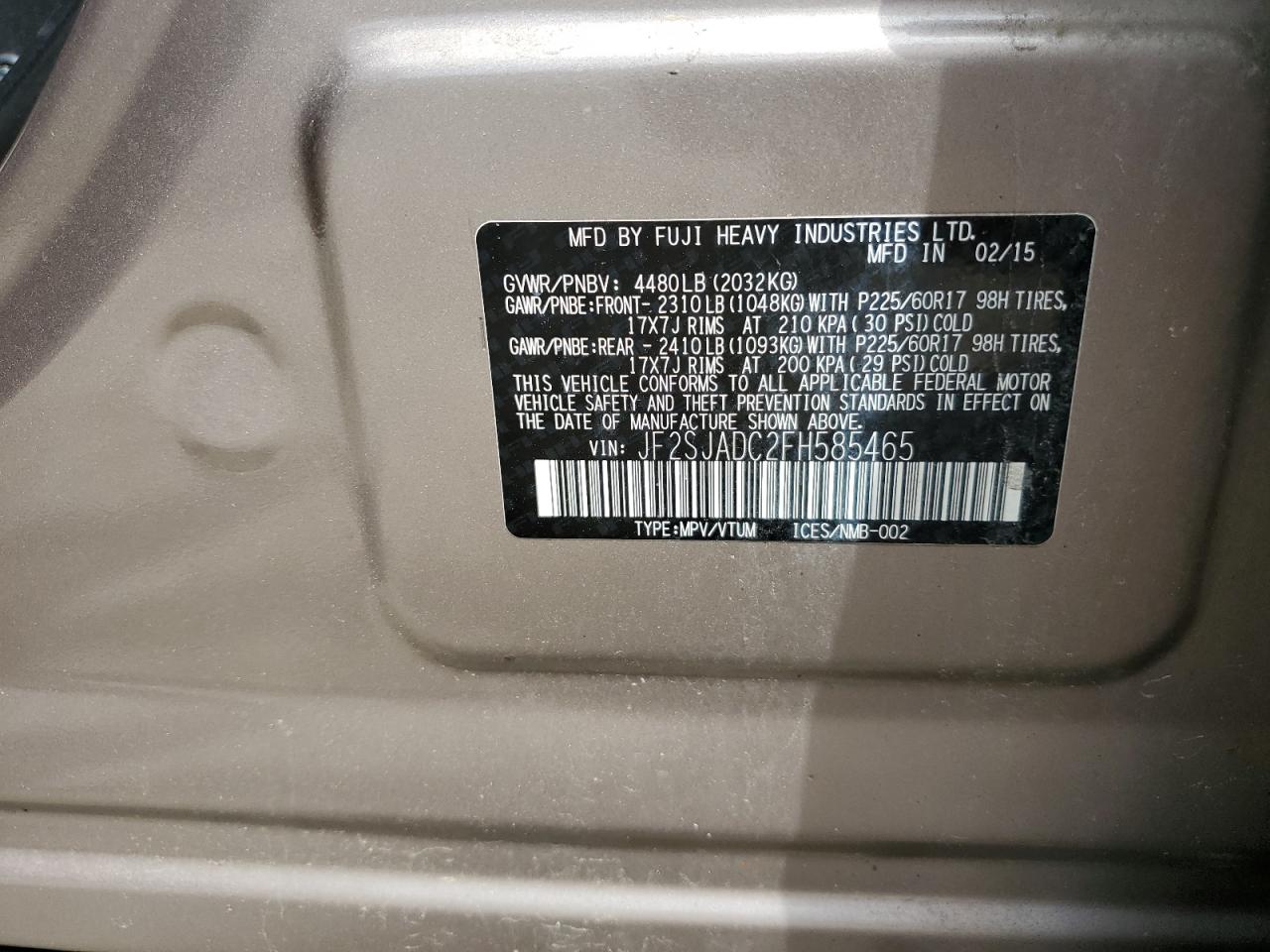 JF2SJADC2FH585465 2015 Subaru Forester 2.5I Premium