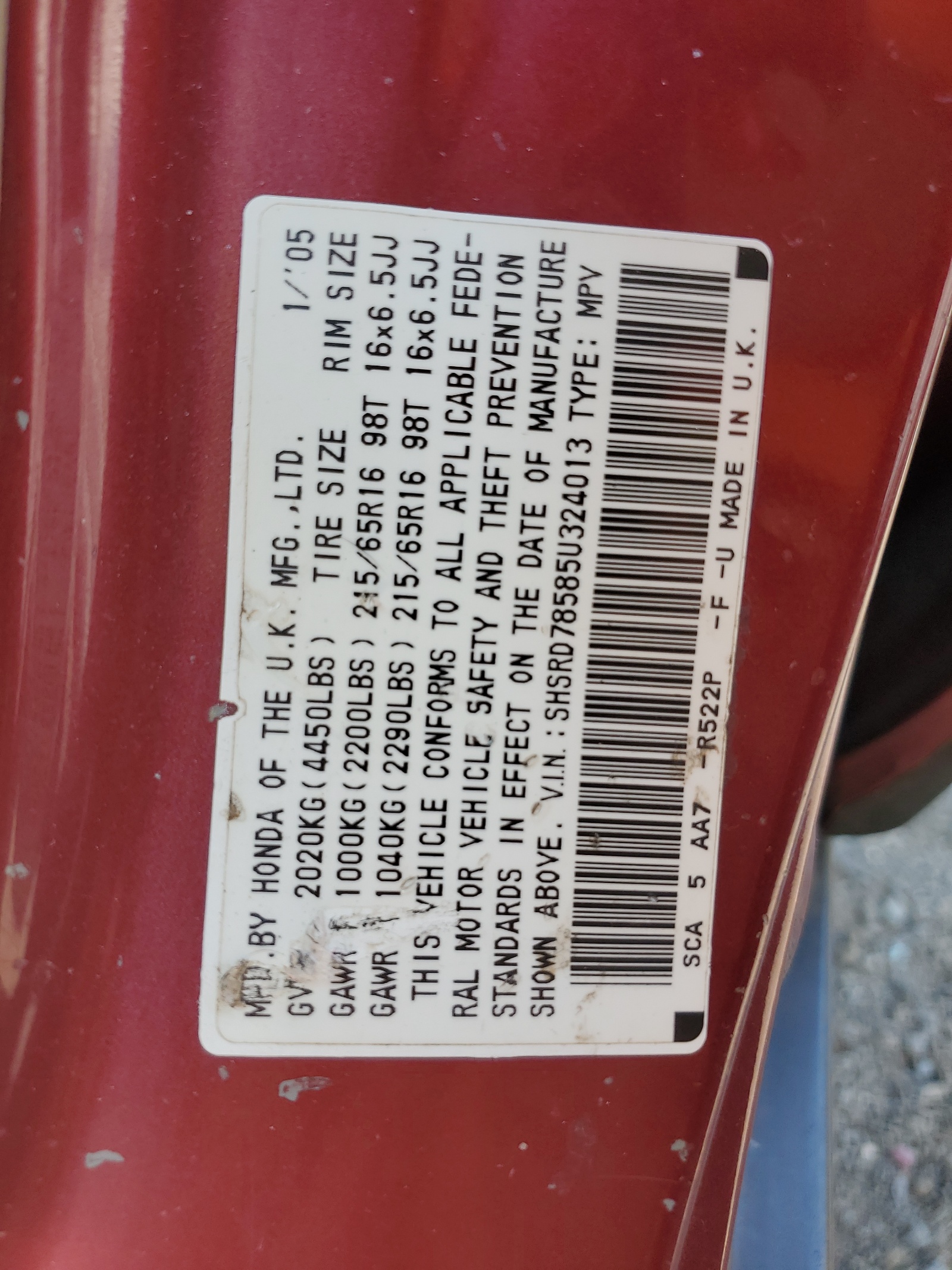 SHSRD78585U324013 2005 Honda Cr-V Lx