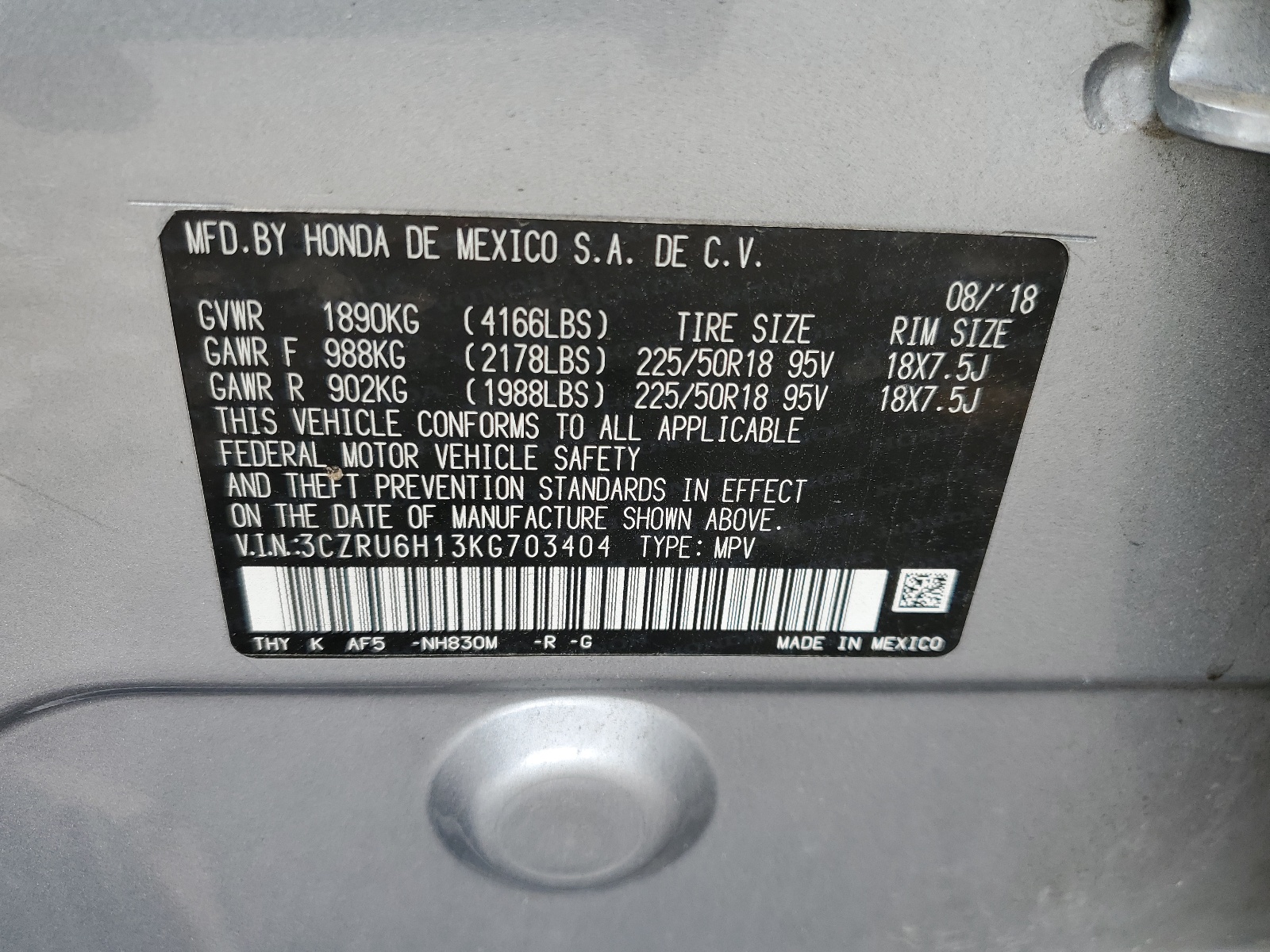 3CZRU6H13KG703404 2019 Honda Hr-V Sport