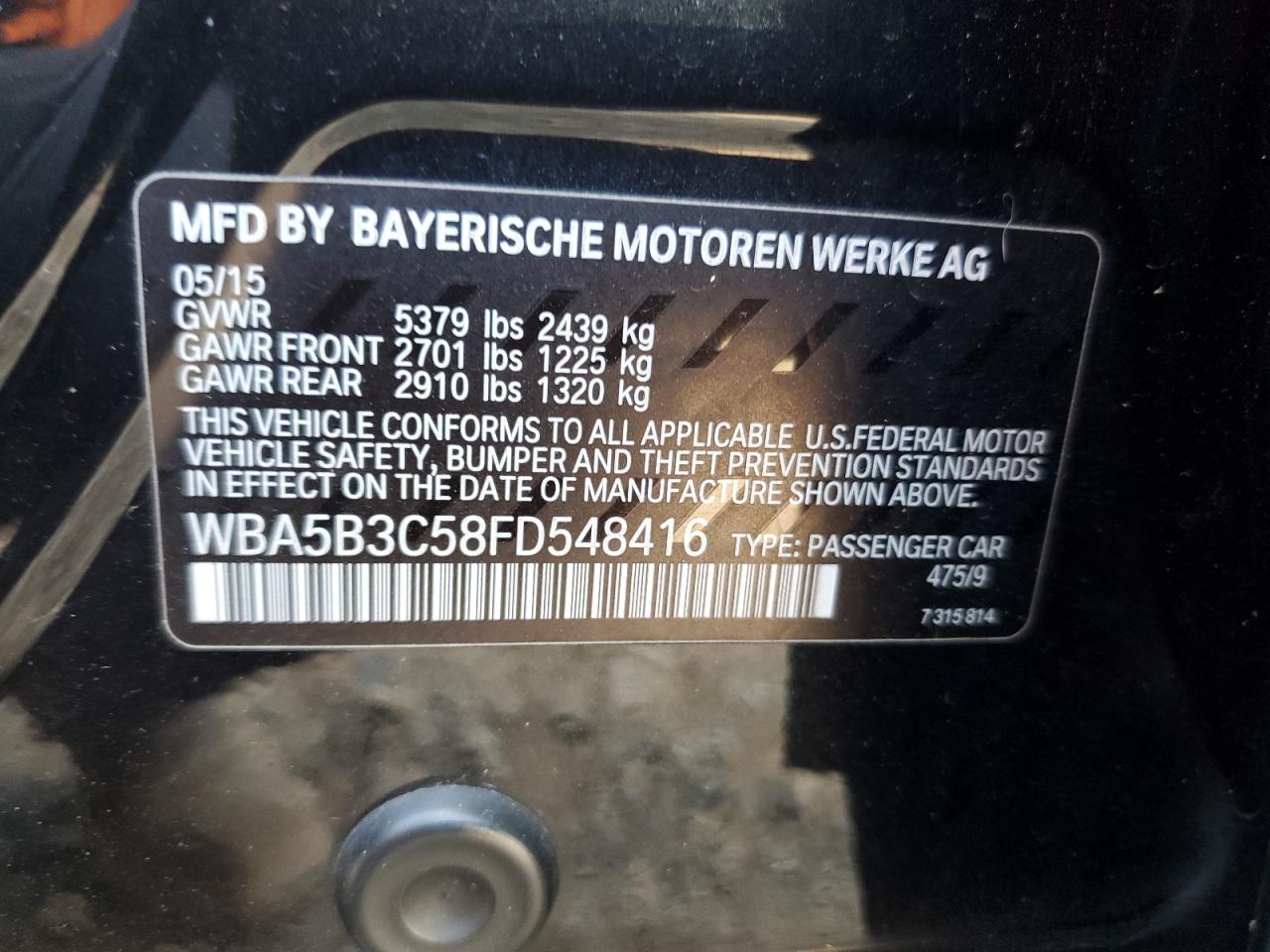 2015 BMW 535 Xi VIN: WBA5B3C58FD548416 Lot: 68689364