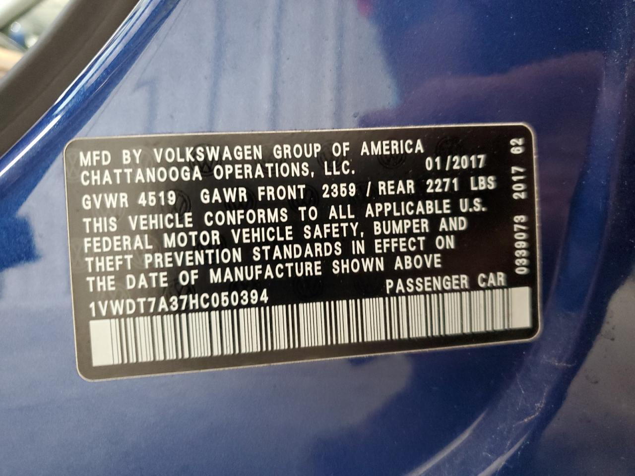 2017 Volkswagen Passat R-Line VIN: 1VWDT7A37HC050394 Lot: 65619474