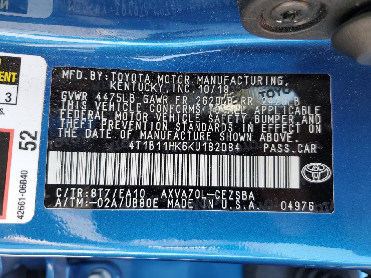 4T1B11HK6KU182084 2019 Toyota Camry L