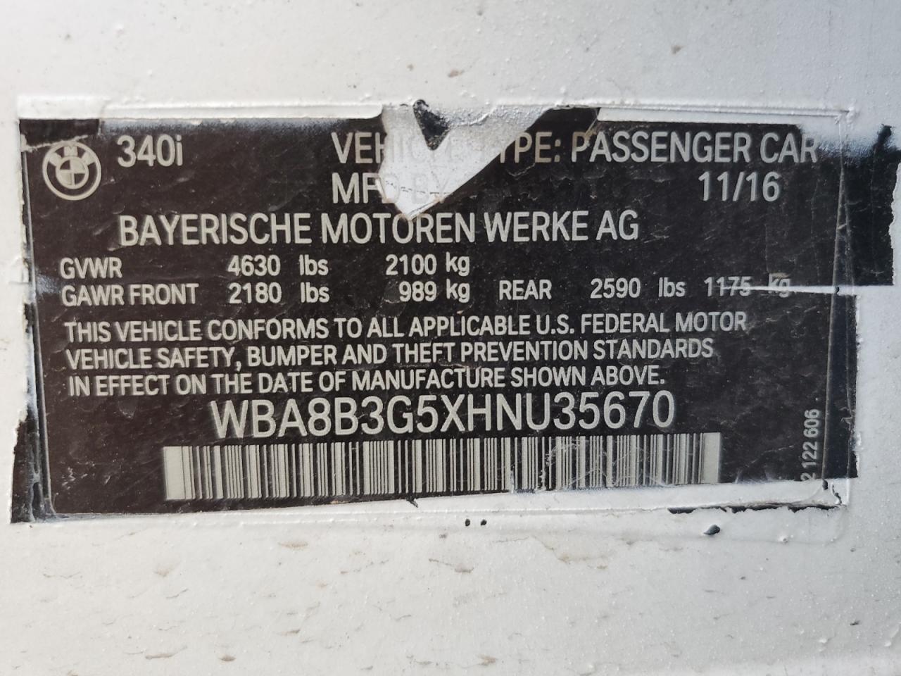 2017 BMW 340 I VIN: WBA8B3G5XHNU35670 Lot: 65870124