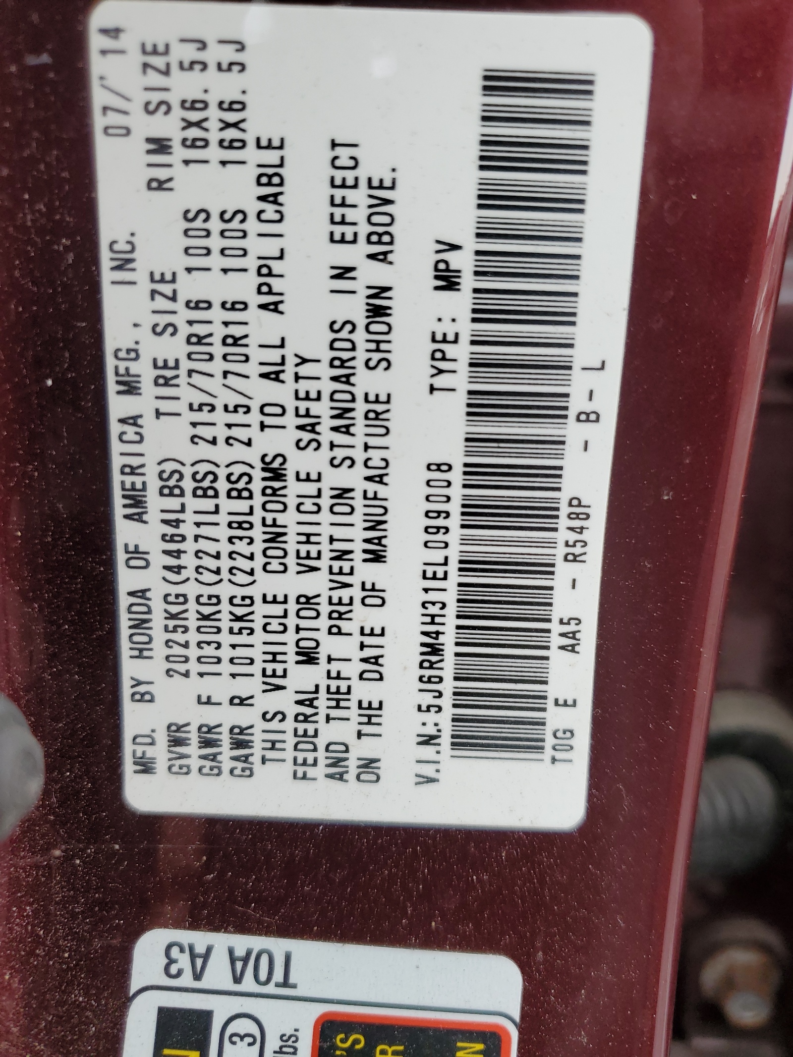 5J6RM4H31EL099008 2014 Honda Cr-V Lx