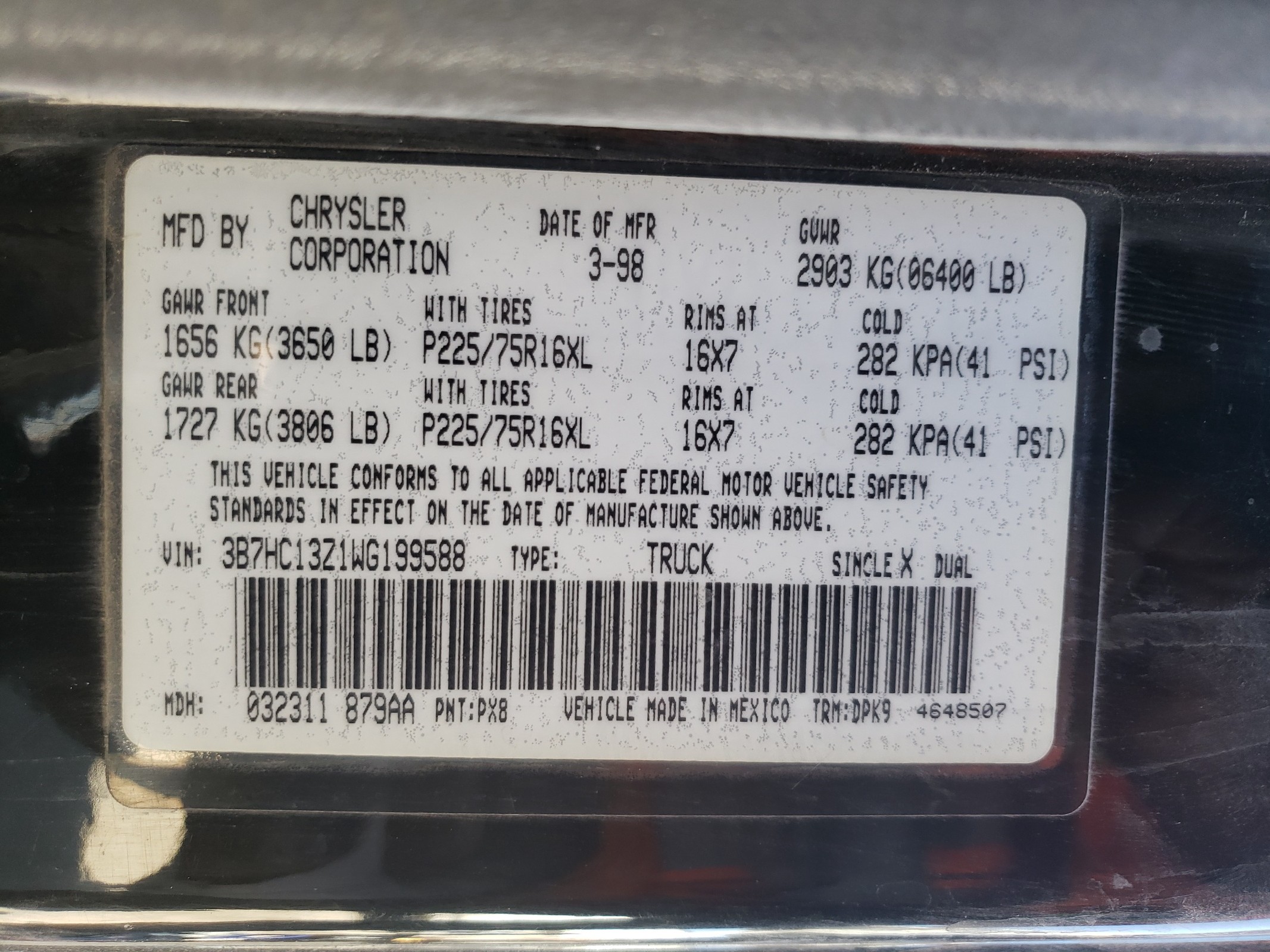 3B7HC13Z1WG199588 1998 Dodge Ram 1500