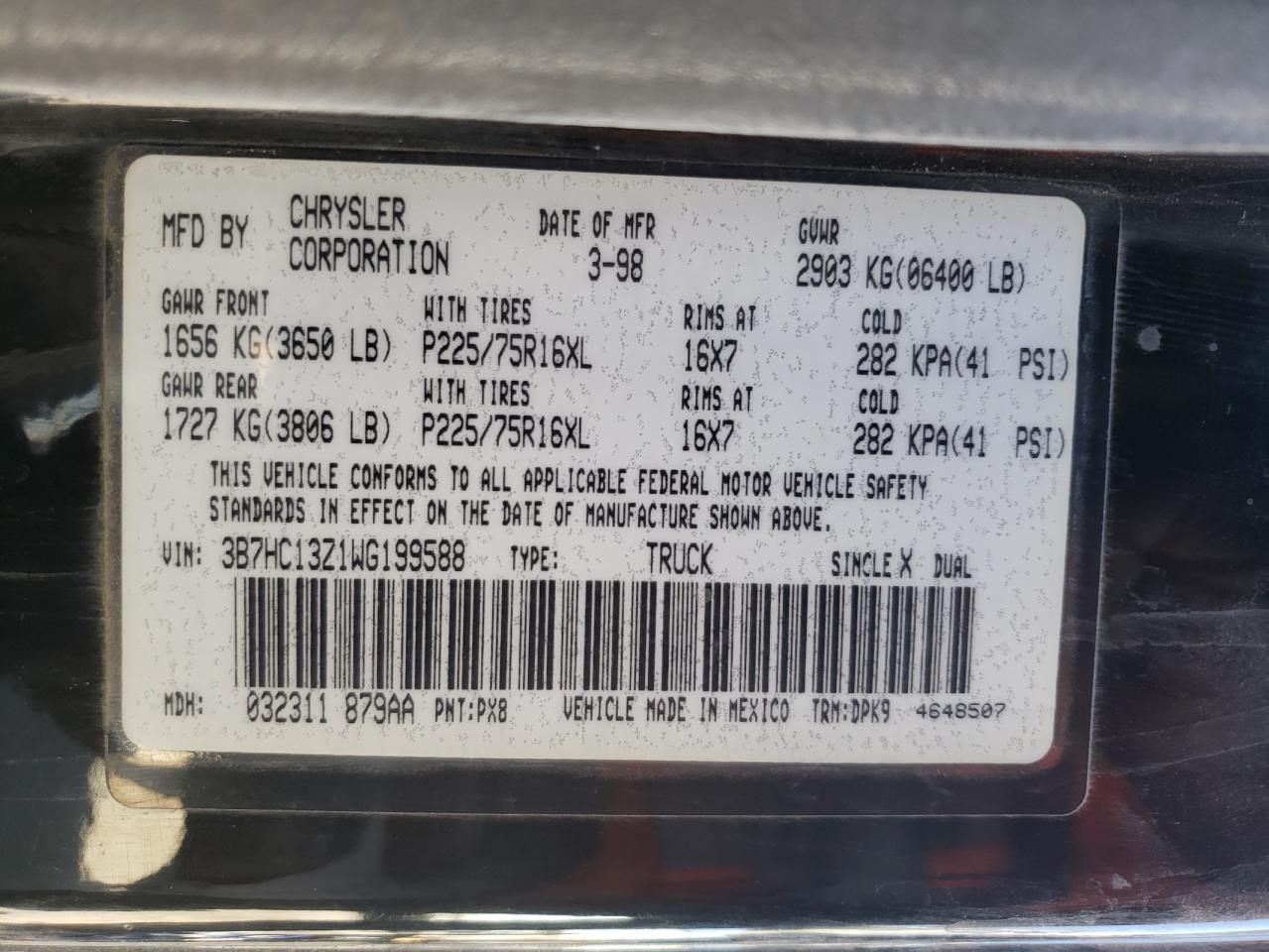 1998 Dodge Ram 1500 VIN: 3B7HC13Z1WG199588 Lot: 67383064