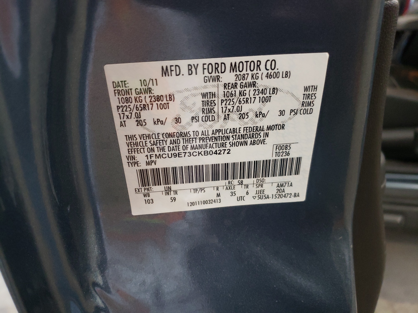 1FMCU9E73CKB04272 2012 Ford Escape Limited