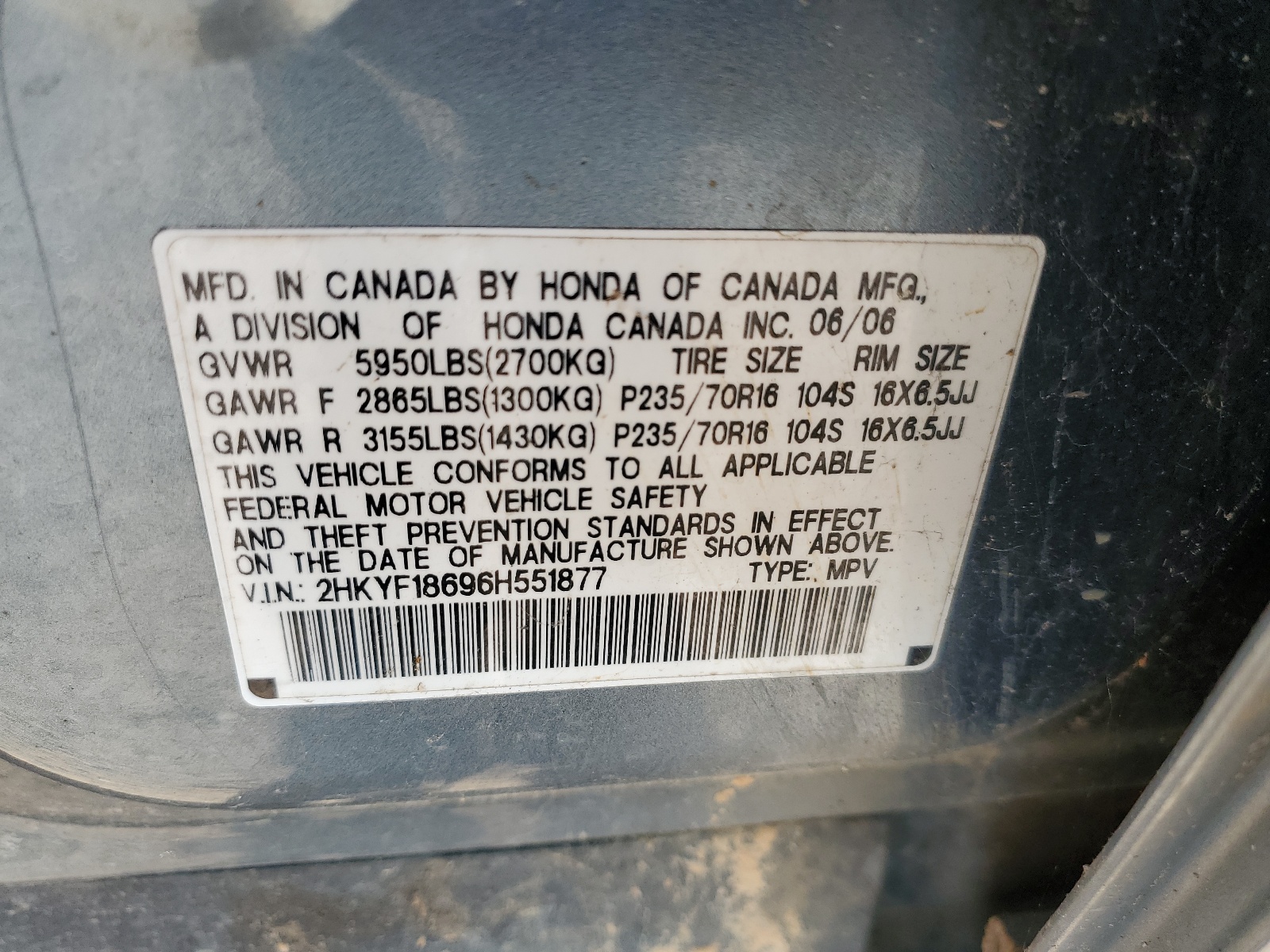 2HKYF18696H551877 2006 Honda Pilot Ex