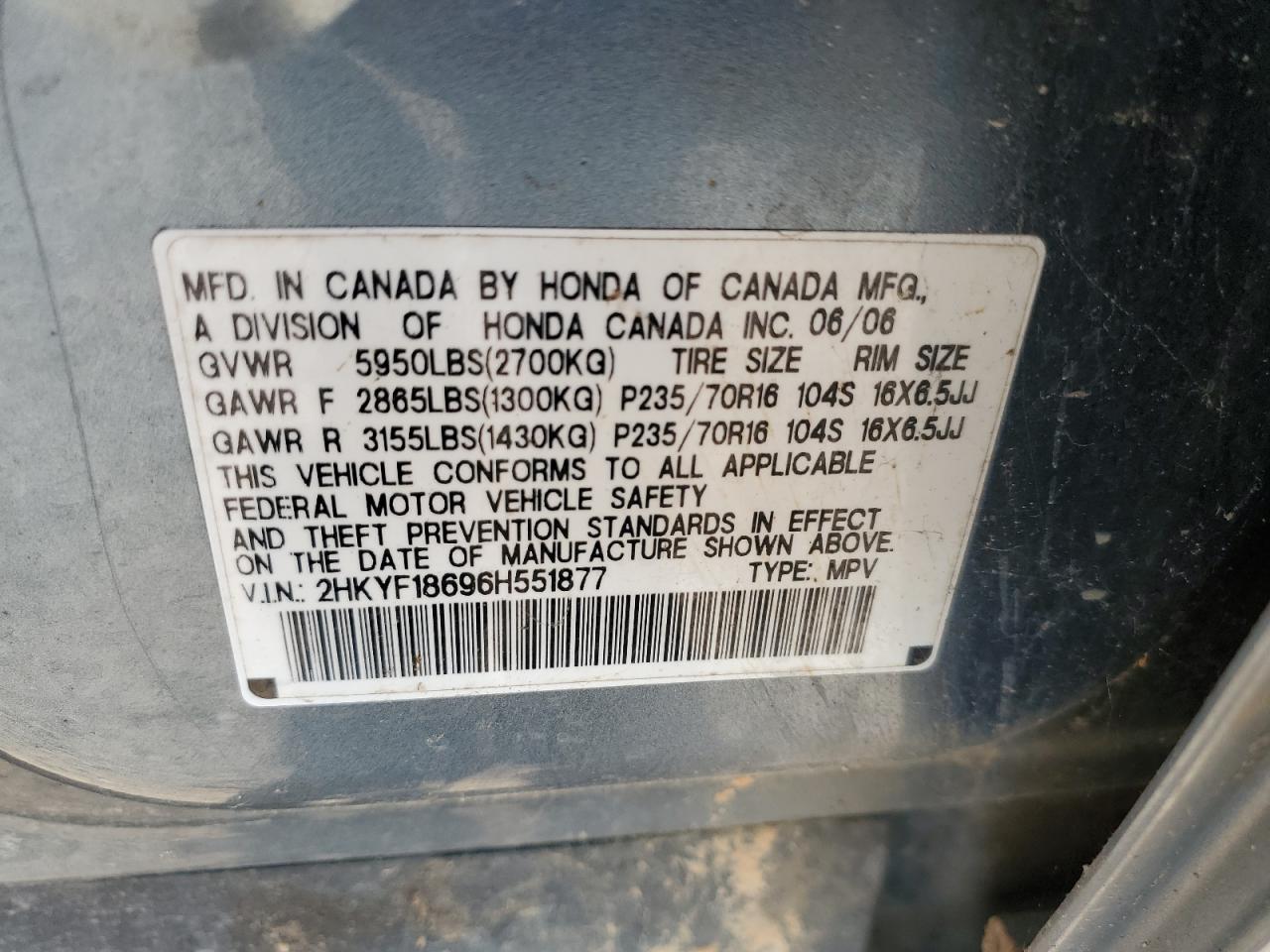 2006 Honda Pilot Ex VIN: 2HKYF18696H551877 Lot: 67132204