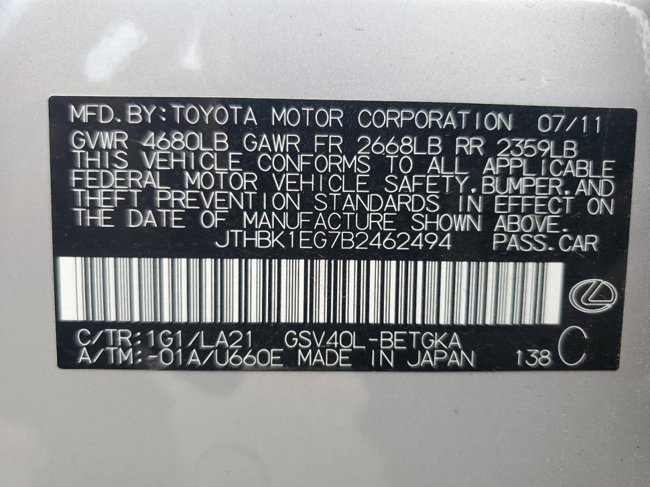 JTHBK1EG7B2462494 2011 Lexus Es 350