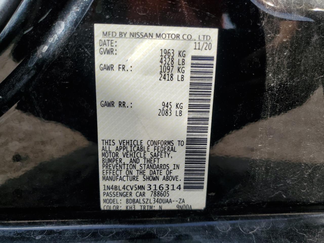 2021 Nissan Altima Sr VIN: 1N4BL4CV5MN316314 Lot: 69768374