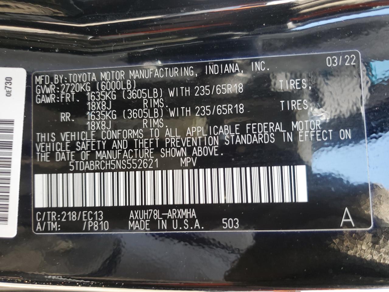 5TDABRCH5NS552621 2022 Toyota Highlander Hybrid Xle