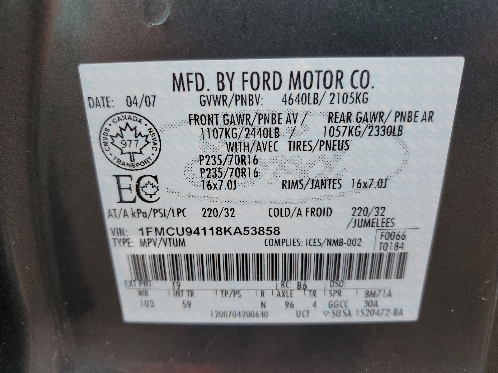 1FMCU94118KA53858 2008 Ford Escape Limited