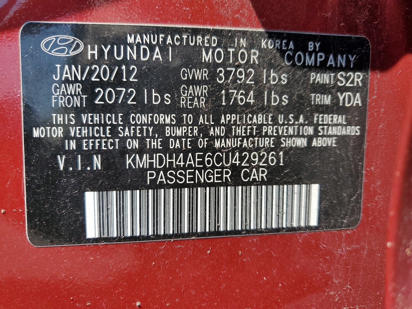 KMHDH4AE6CU429261 2012 Hyundai Elantra Gls