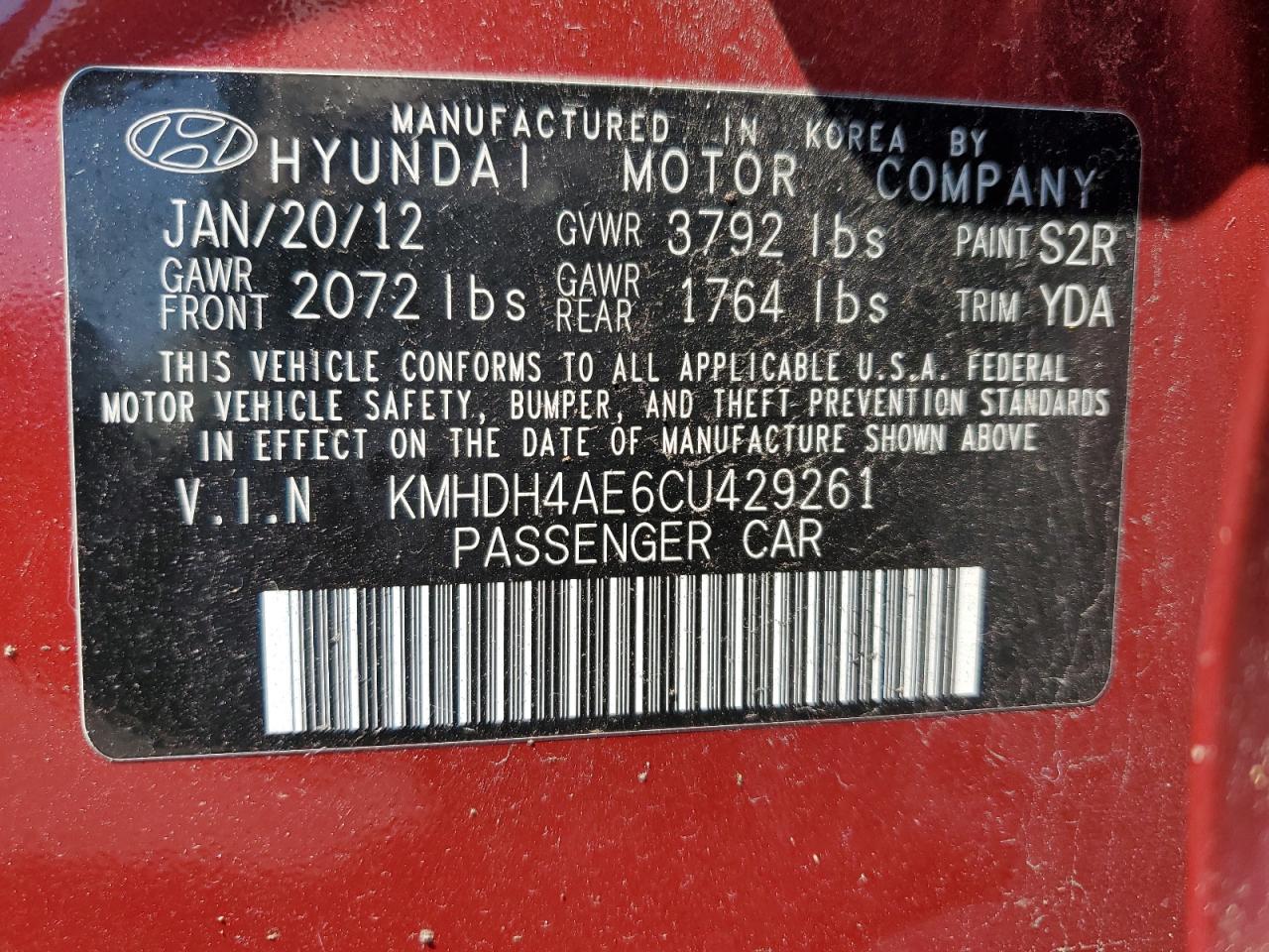 2012 Hyundai Elantra Gls VIN: KMHDH4AE6CU429261 Lot: 64021324