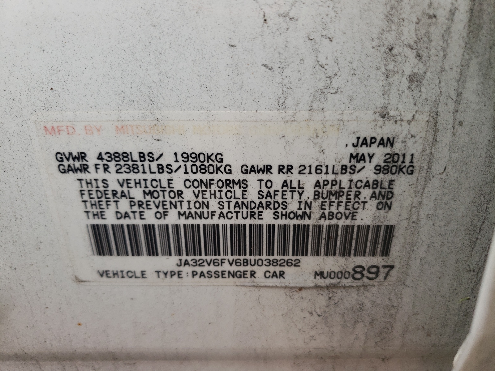 JA32V6FV6BU038262 2011 Mitsubishi Lancer Ralliart