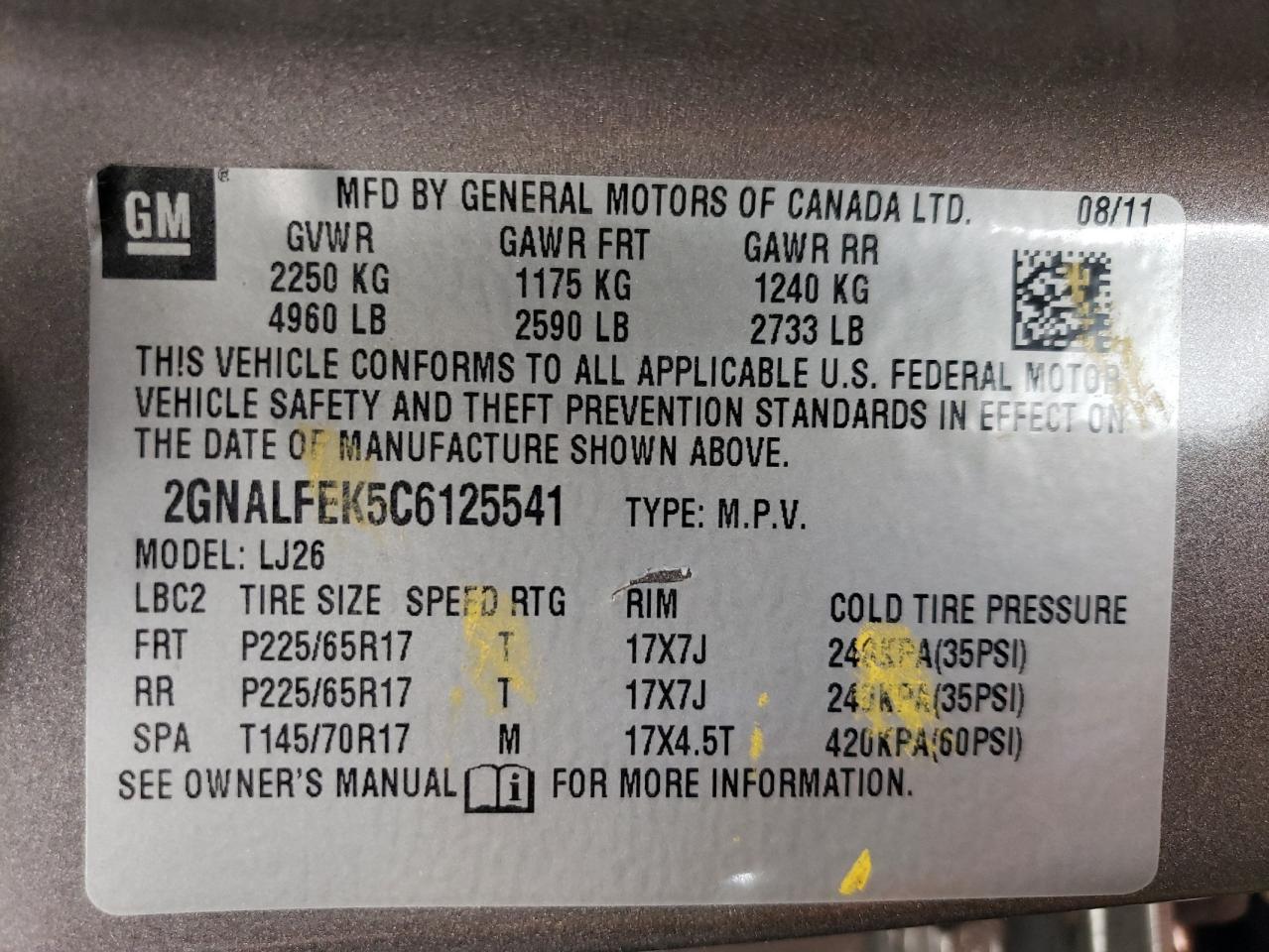 2GNALFEK5C6125541 2012 Chevrolet Equinox Ltz