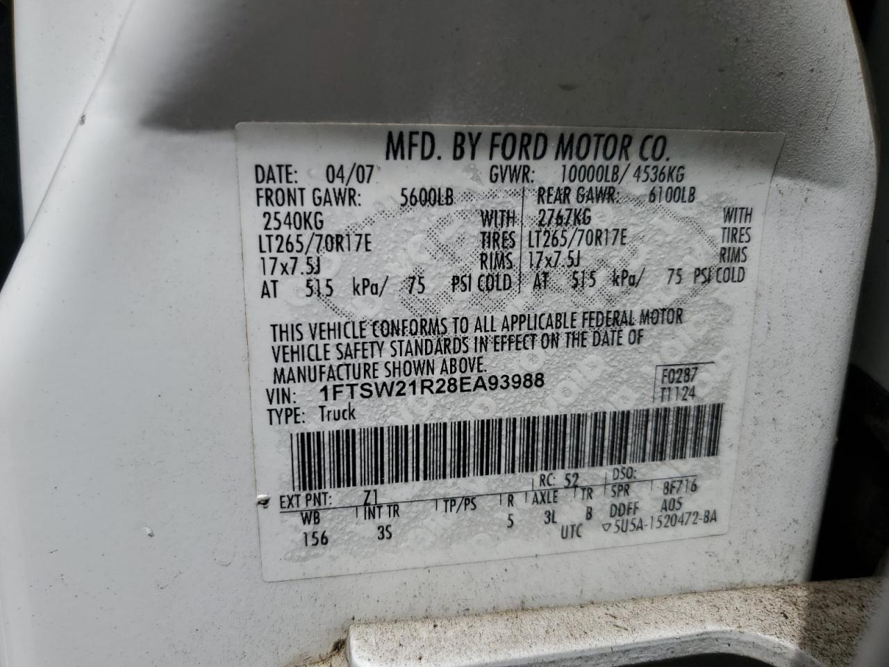 1FTSW21R28EA93988 2008 Ford F250 Super Duty