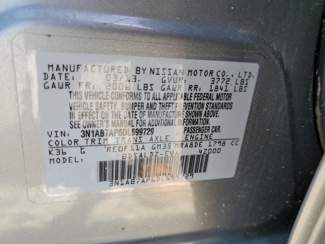 3N1AB7AP6DL699729 2013 Nissan Sentra S