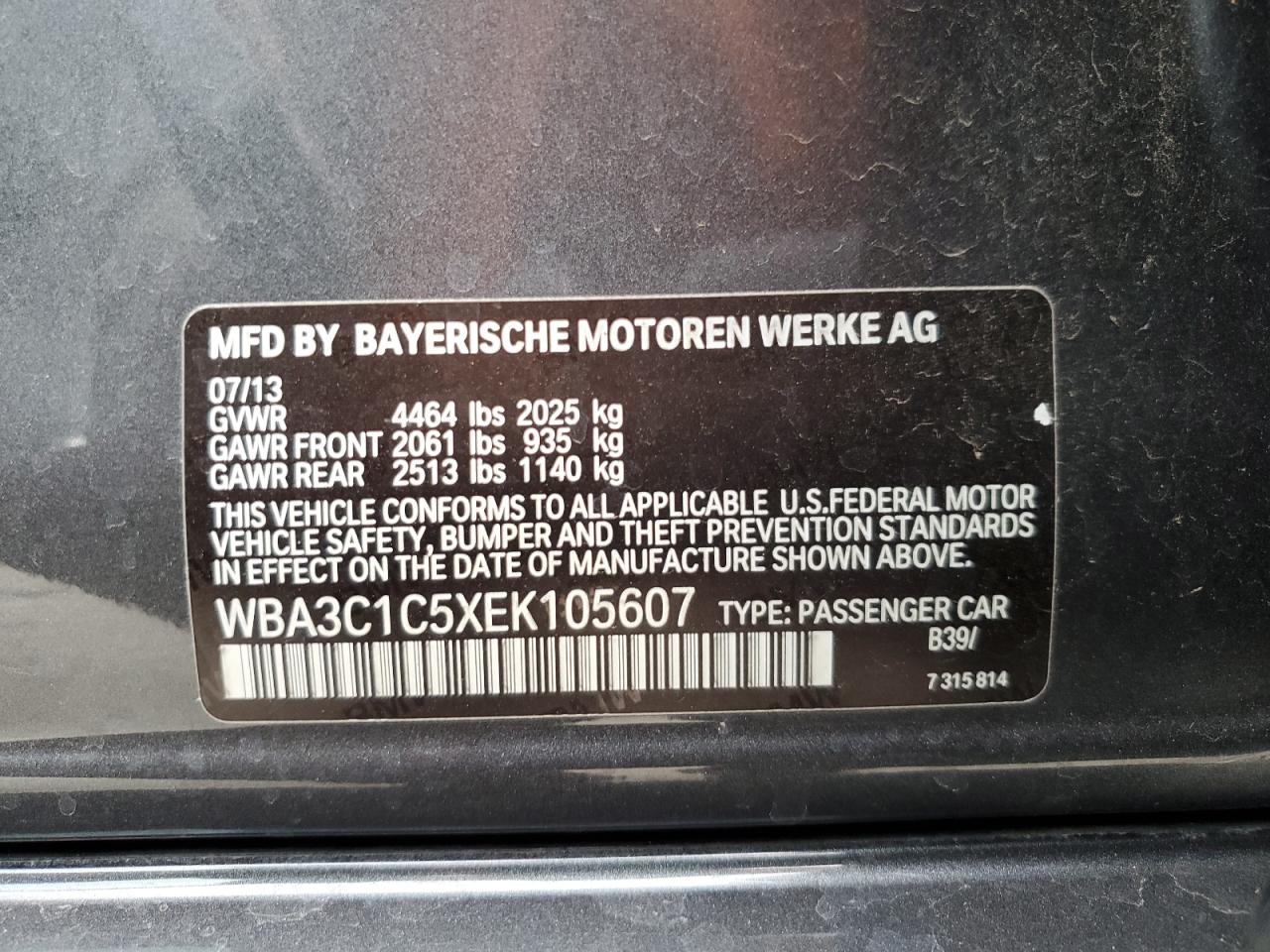 2014 BMW 328 I Sulev VIN: WBA3C1C5XEK105607 Lot: 65433594