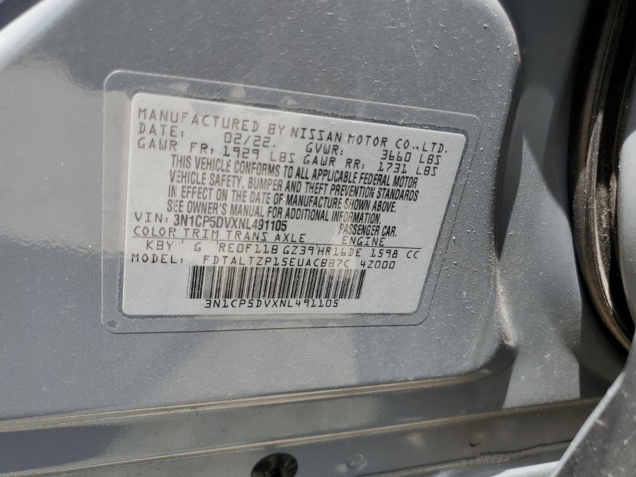 2022 Nissan Kicks Sr VIN: 3N1CP5DVXNL491105 Lot: 66522914