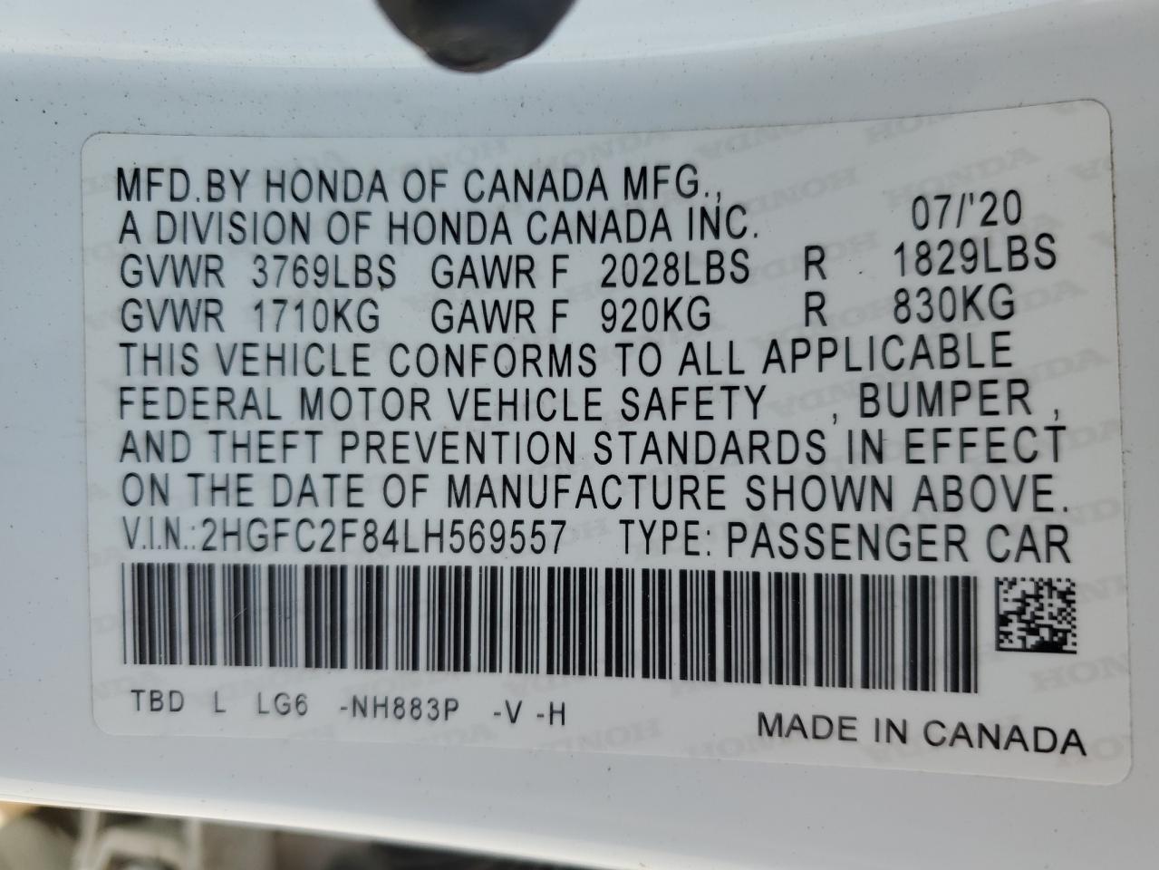 2020 Honda Civic Sport VIN: 2HGFC2F84LH569557 Lot: 68709304