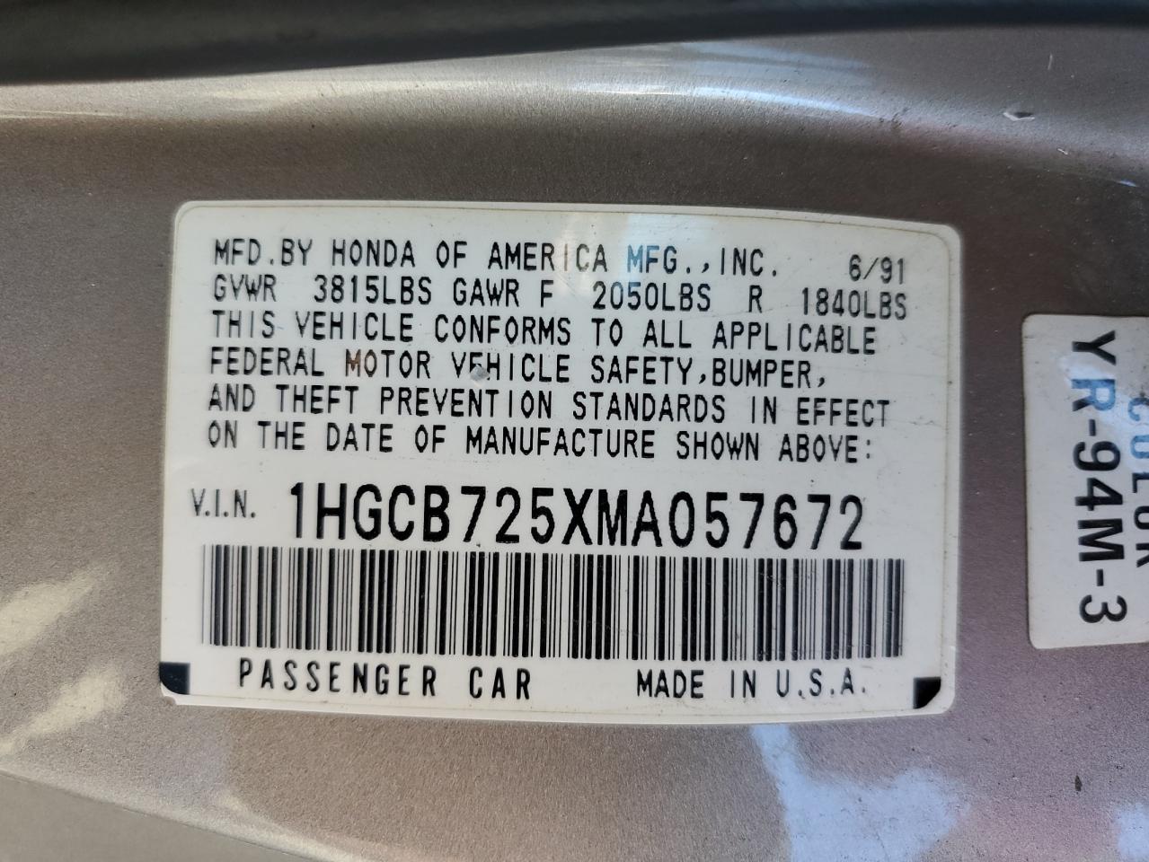 1991 Honda Accord Lx VIN: 1HGCB725XMA057672 Lot: 67718624