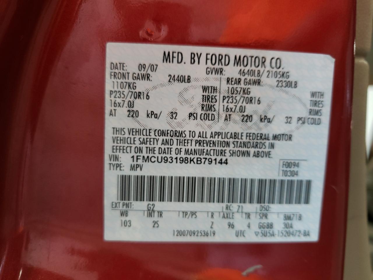 2008 Ford Escape Xlt VIN: 1FMCU93198KB79144 Lot: 65988514