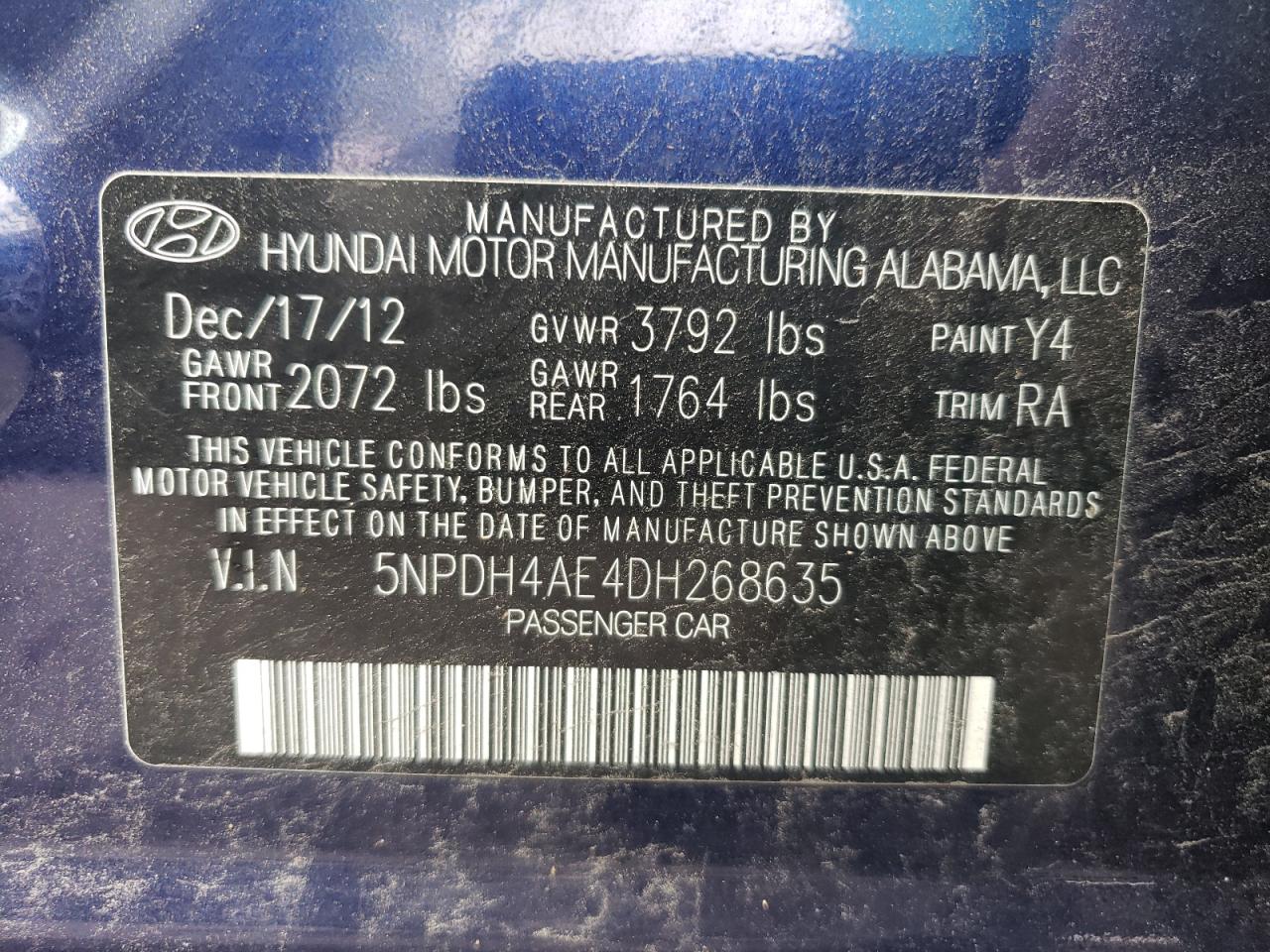 2013 Hyundai Elantra Gls VIN: 5NPDH4AE4DH268635 Lot: 64360634