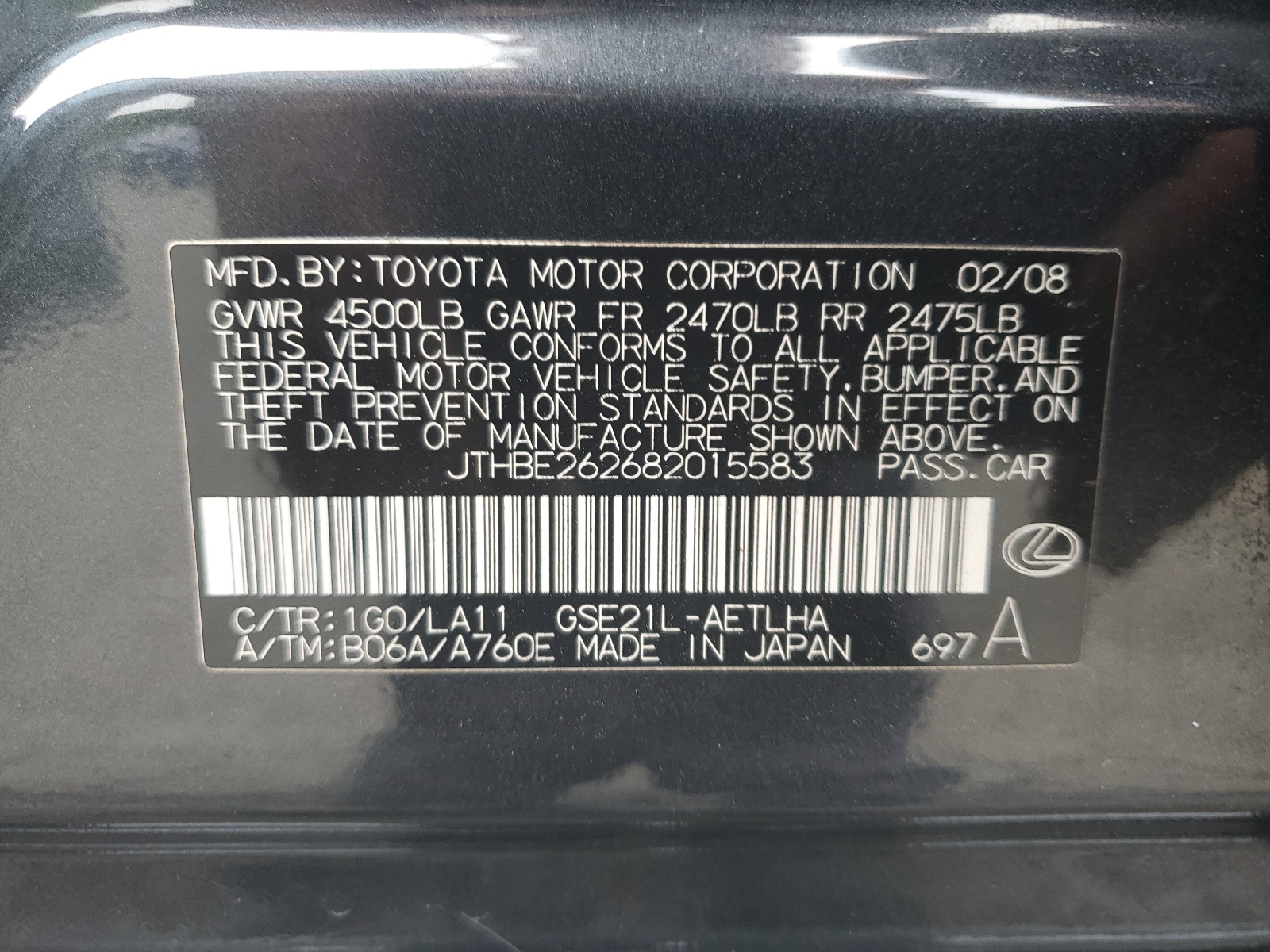 JTHBE262682015583 2008 Lexus Is 350