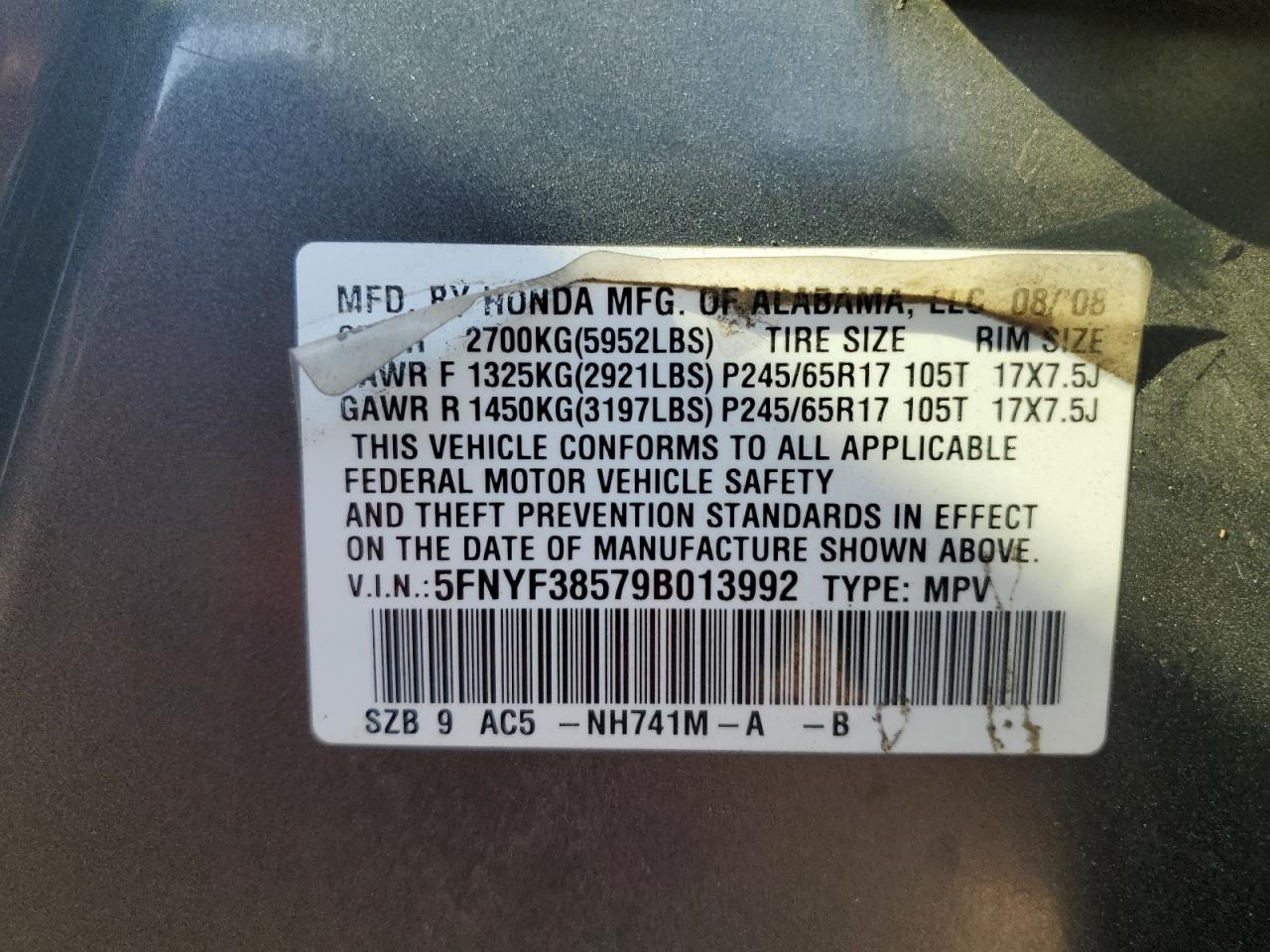 5FNYF38579B013992 2009 Honda Pilot Exl 5FNYF38579B013992 2009 Honda Pilot Exl