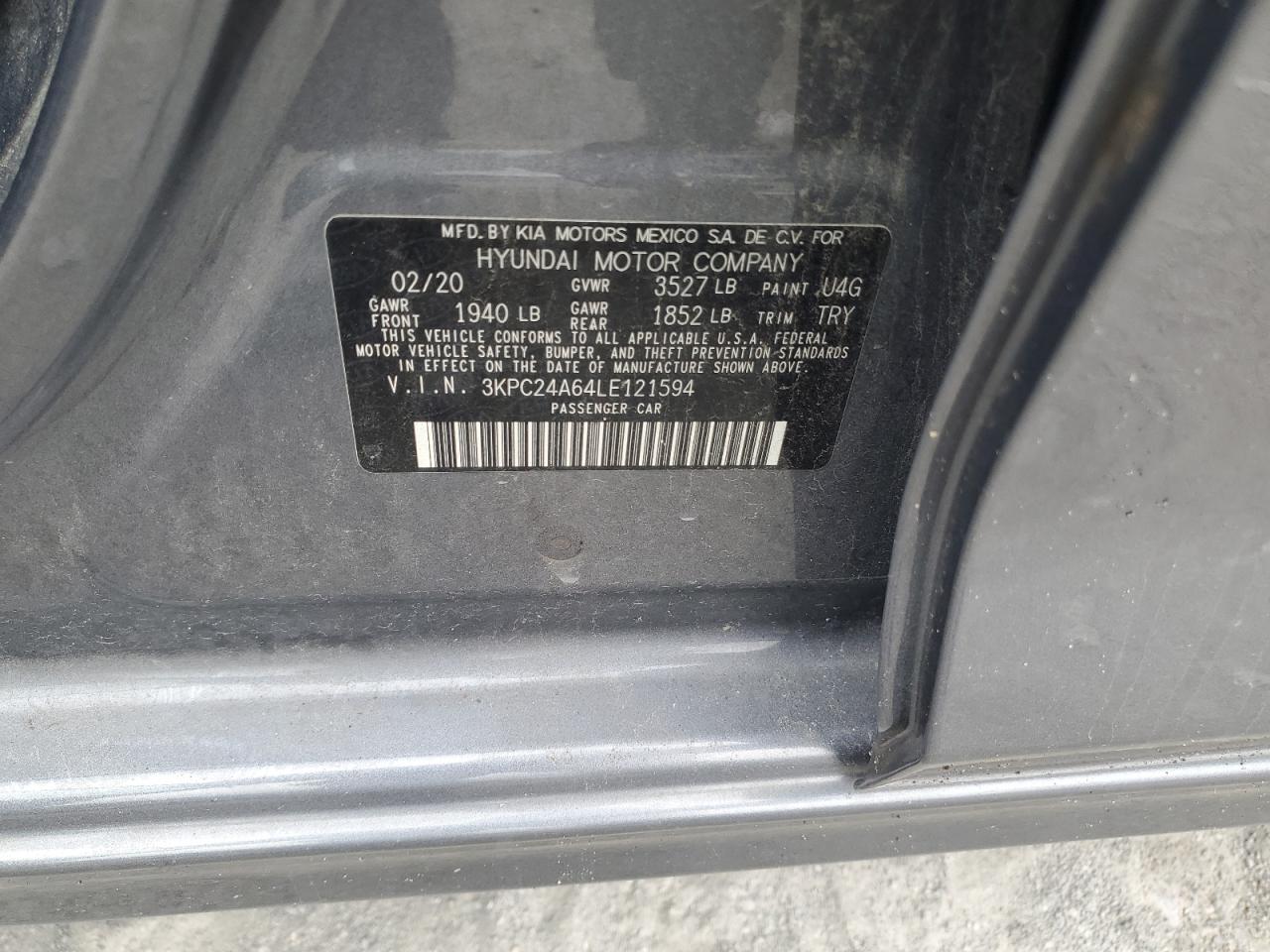 3KPC24A64LE121594 2020 Hyundai Accent Se