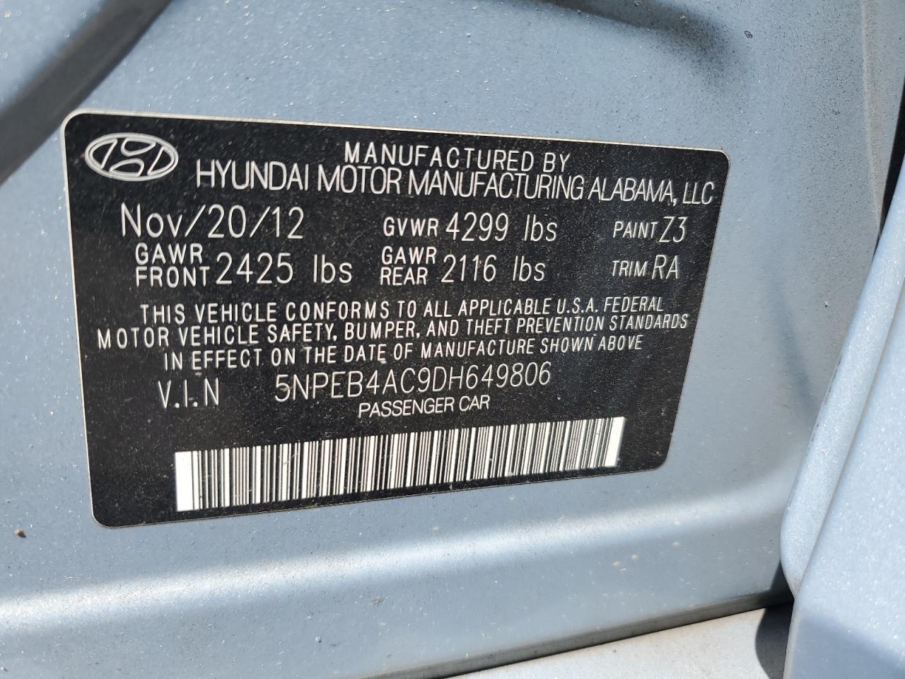 2013 Hyundai Sonata Gls VIN: 5NPEB4AC9DH649806 Lot: 67800174