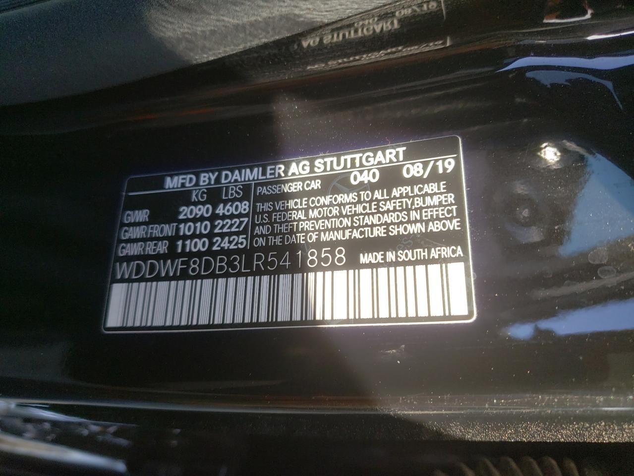 2020 Mercedes-Benz C 300 VIN: WDDWF8DB3LR541858 Lot: 67604724