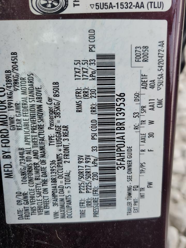 2011 Ford Fusion Sel VIN: 3FAHP0JA1BR139536 Lot: 68936134